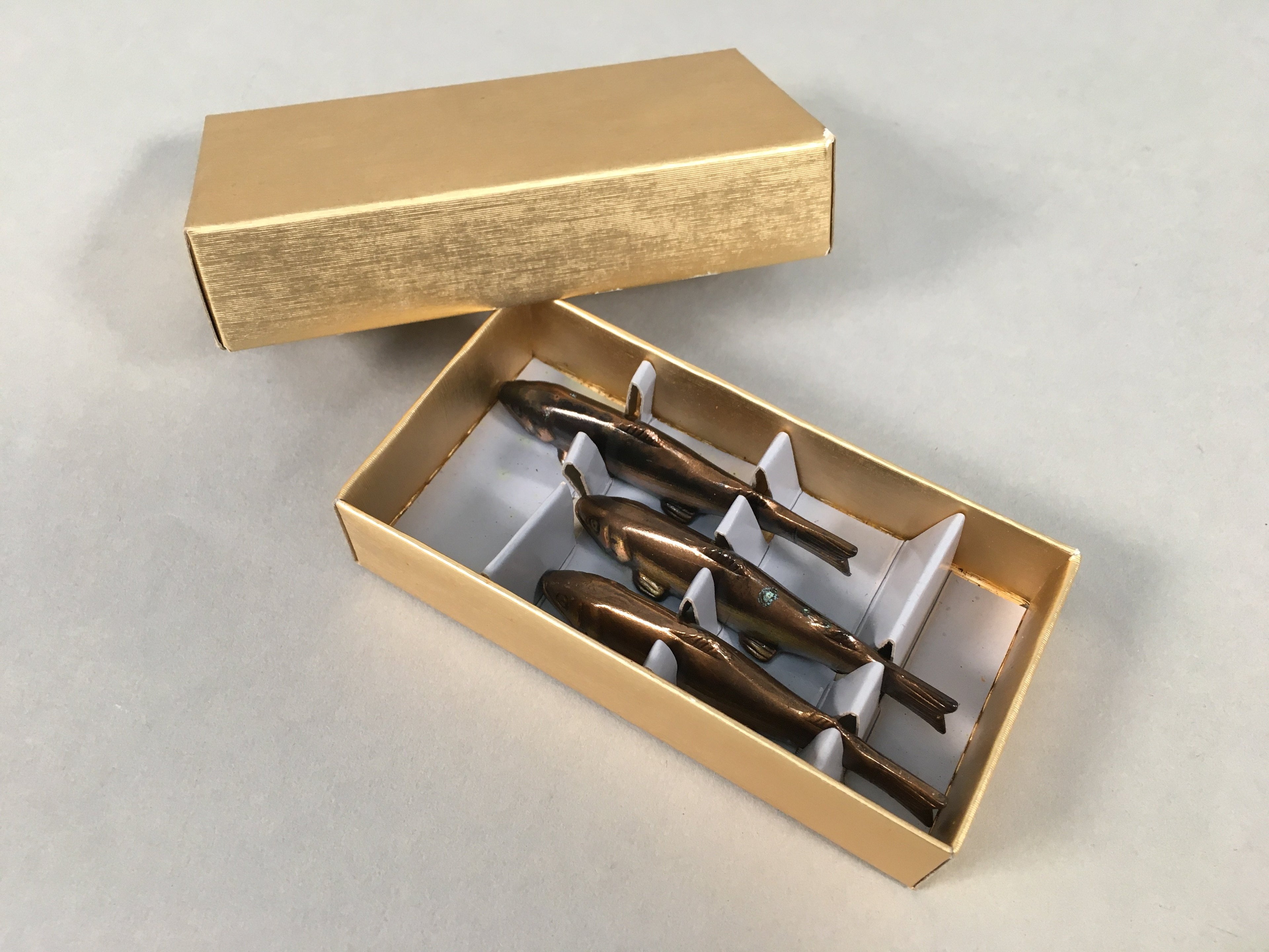 Japanese Copper Chopstick Rest 3pc Set Vtg Metal Hashioki Fish Ayu Brown JK176