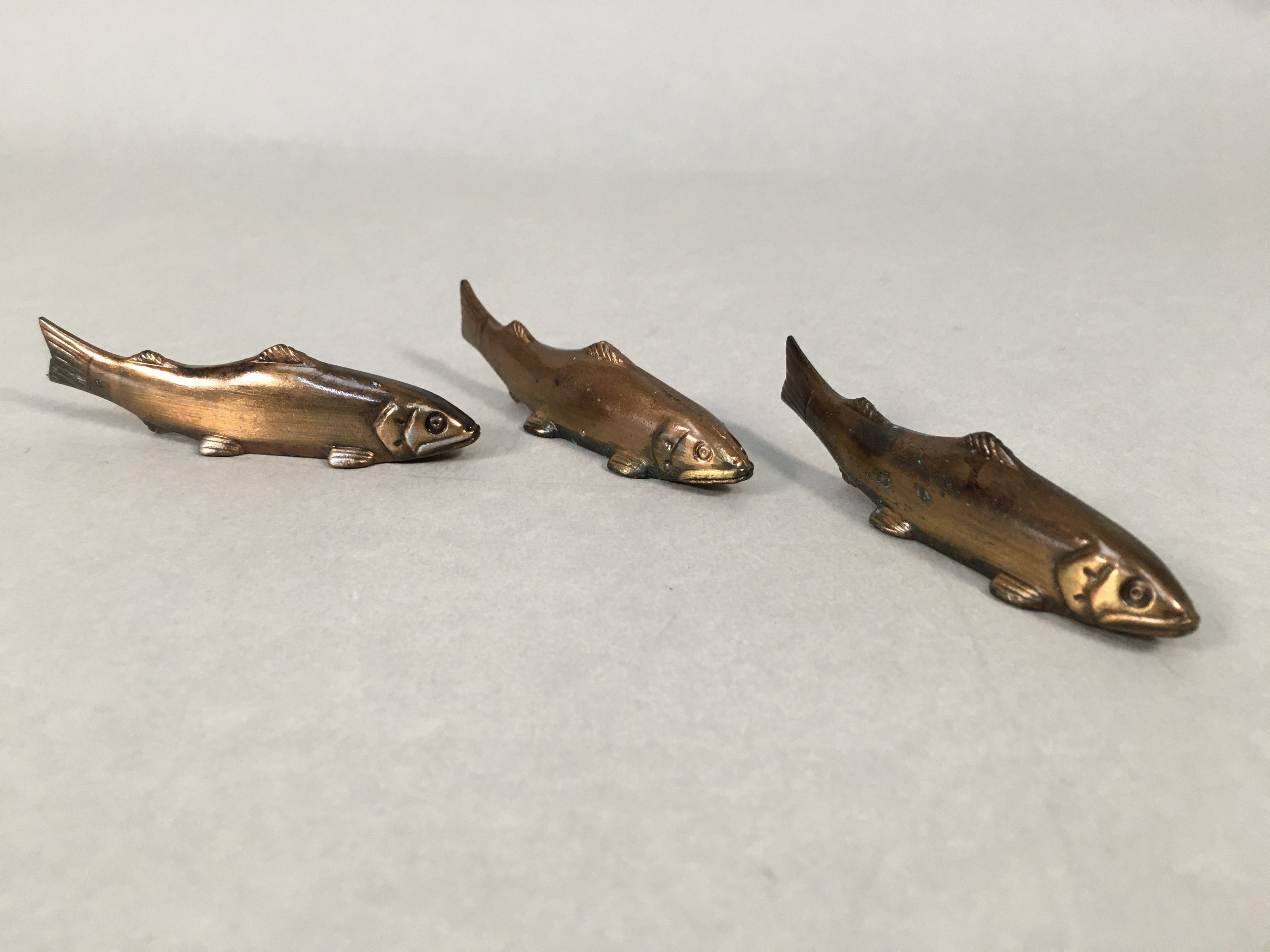 Japanese Copper Chopstick Rest 3pc Set Vtg Metal Hashioki Fish Ayu Brown JK176