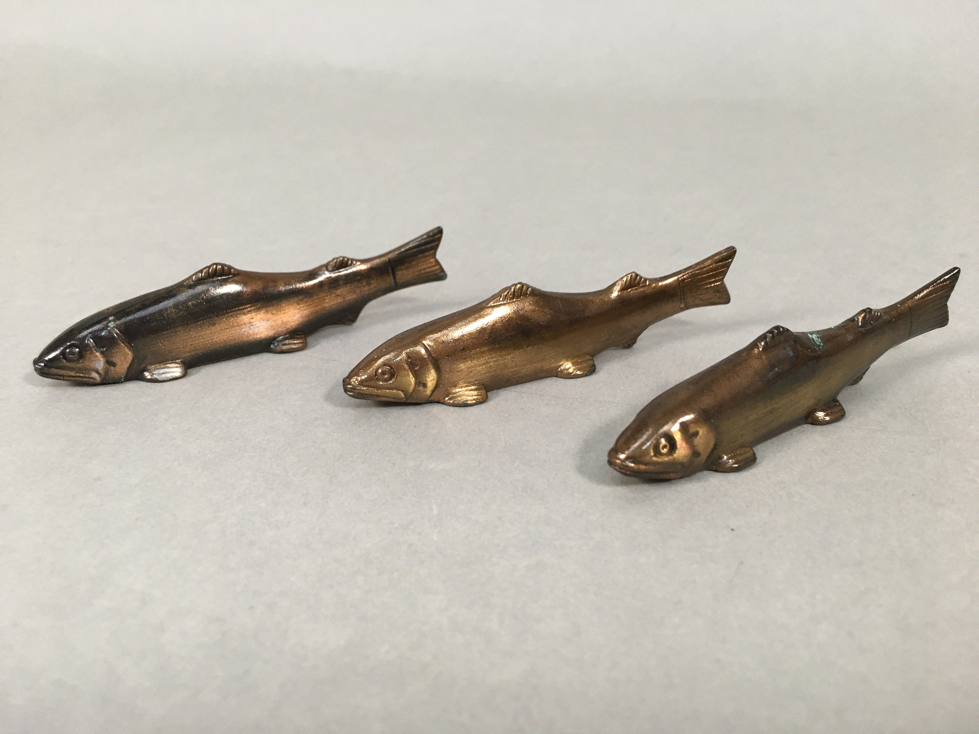 Japanese Copper Chopstick Rest 3pc Set Vtg Metal Hashioki Fish Ayu Brown JK176