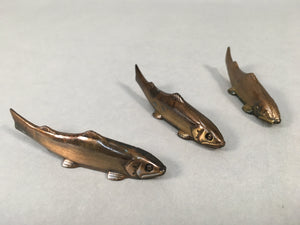 Japanese Copper Chopstick Rest 3pc Set Vtg Metal Hashioki Fish Ayu Brown JK176