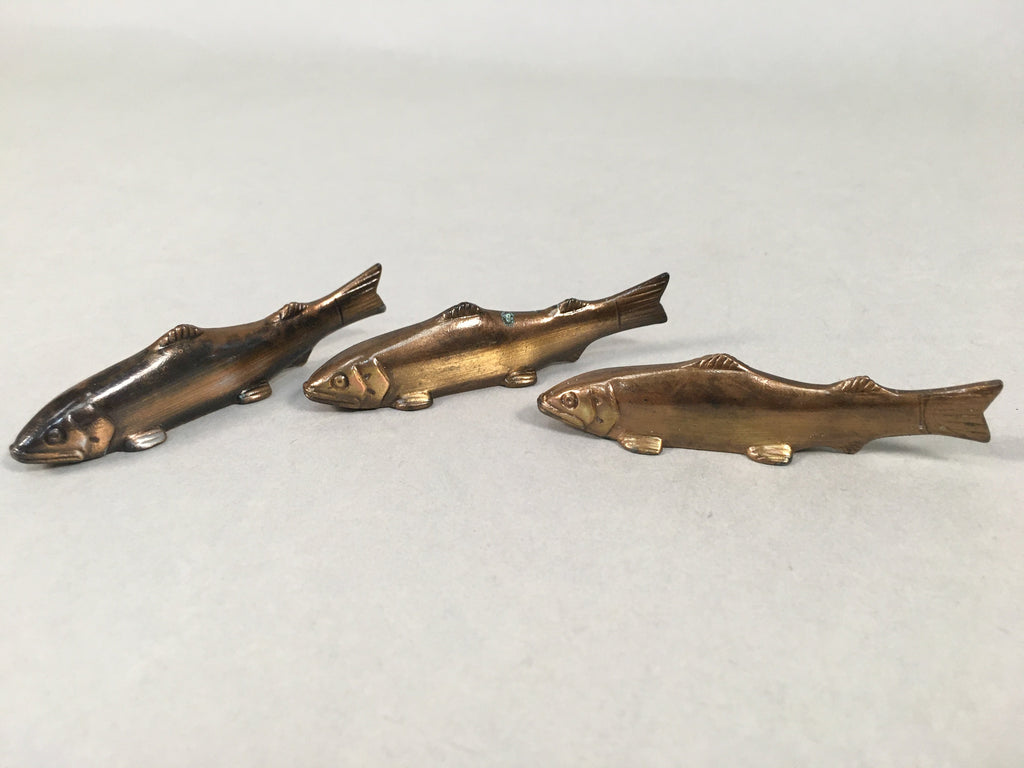 Japanese Copper Chopstick Rest 3pc Set Vtg Metal Hashioki Fish Ayu Brown JK176