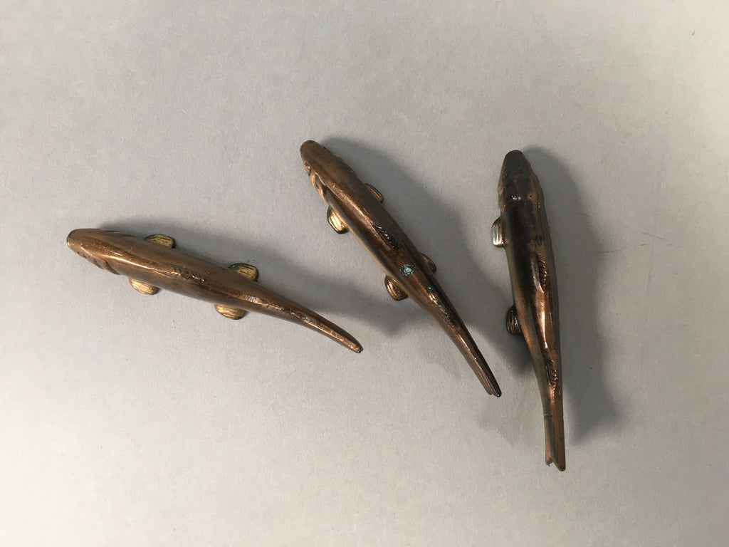 Japanese Copper Chopstick Rest 3pc Set Vtg Metal Hashioki Fish Ayu Brown JK176