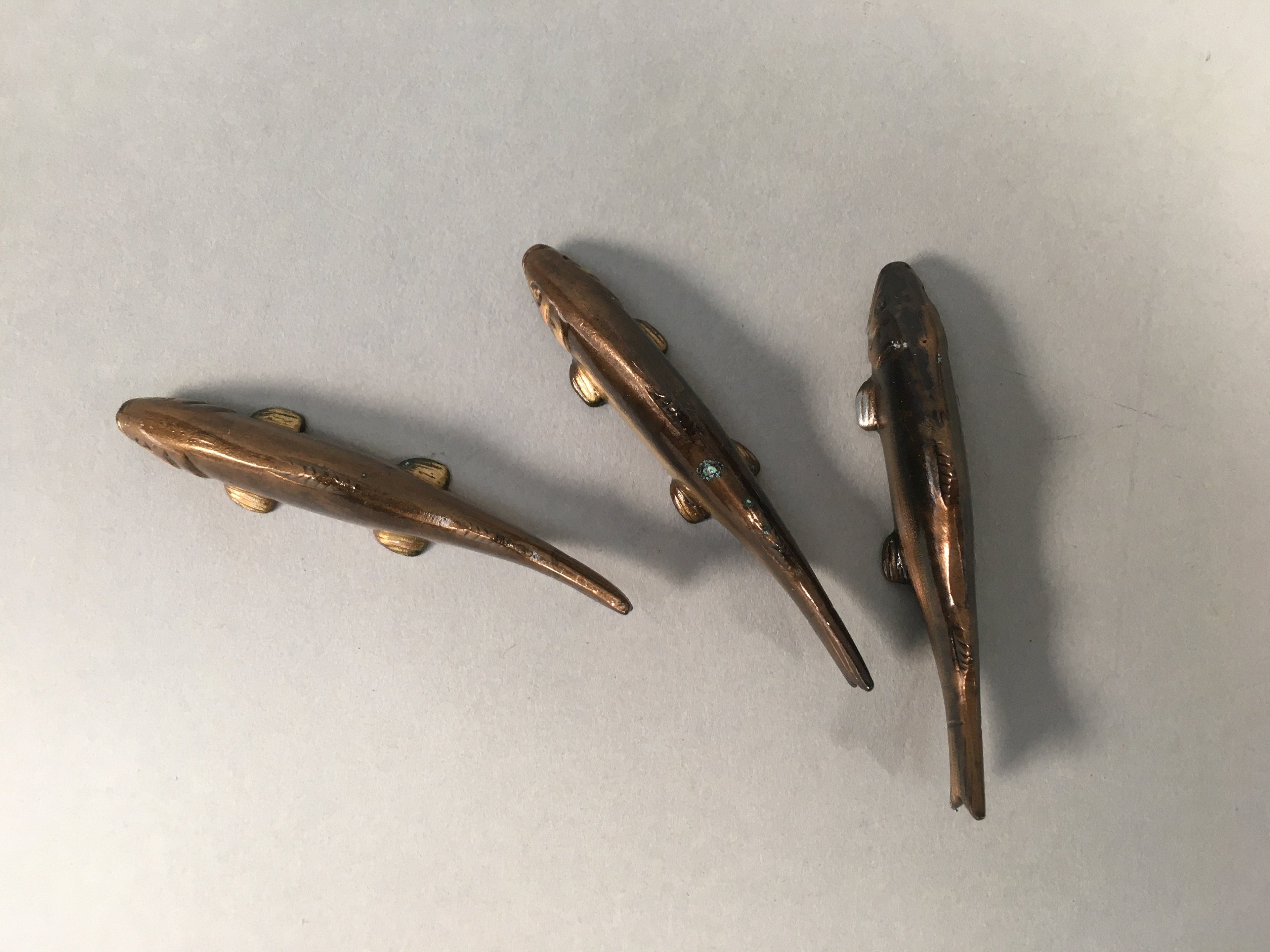 Japanese Copper Chopstick Rest 3pc Set Vtg Metal Hashioki Fish Ayu Brown JK176