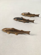 Japanese Copper Chopstick Rest 3pc Set Vtg Metal Hashioki Fish Ayu Brown JK176