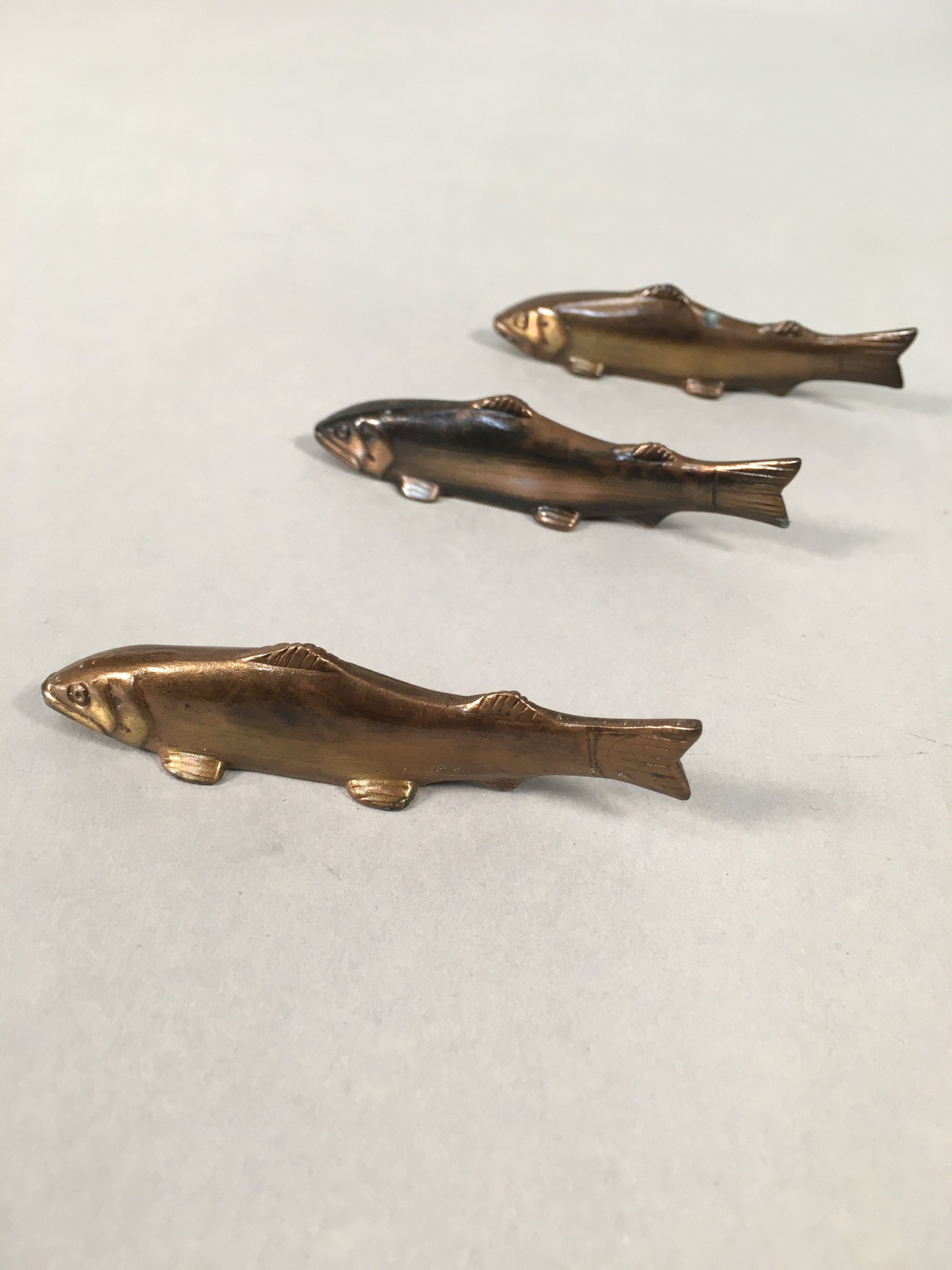 Japanese Copper Chopstick Rest 3pc Set Vtg Metal Hashioki Fish Ayu Brown JK176