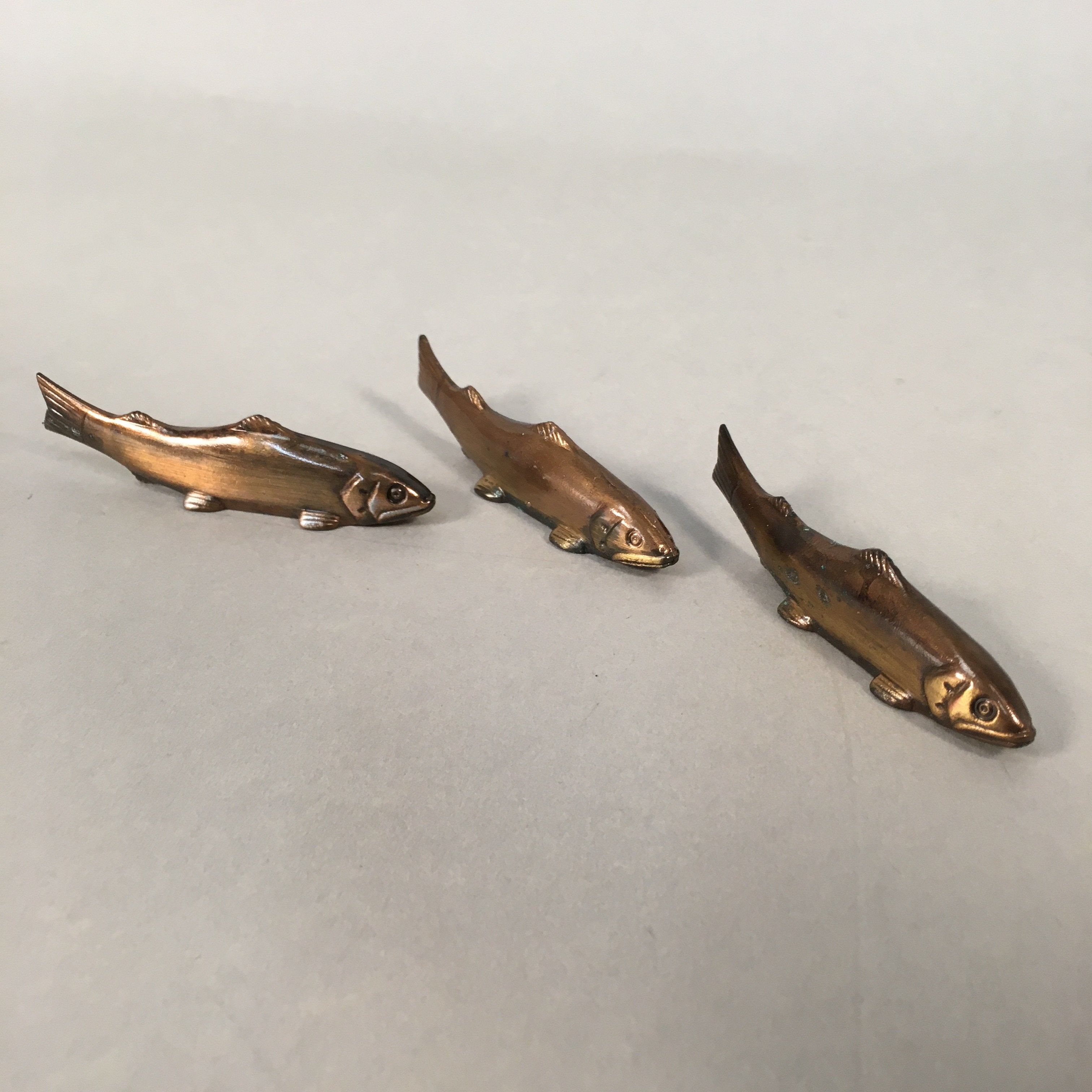 Japanese Copper Chopstick Rest 3pc Set Vtg Metal Hashioki Fish Ayu Brown JK176
