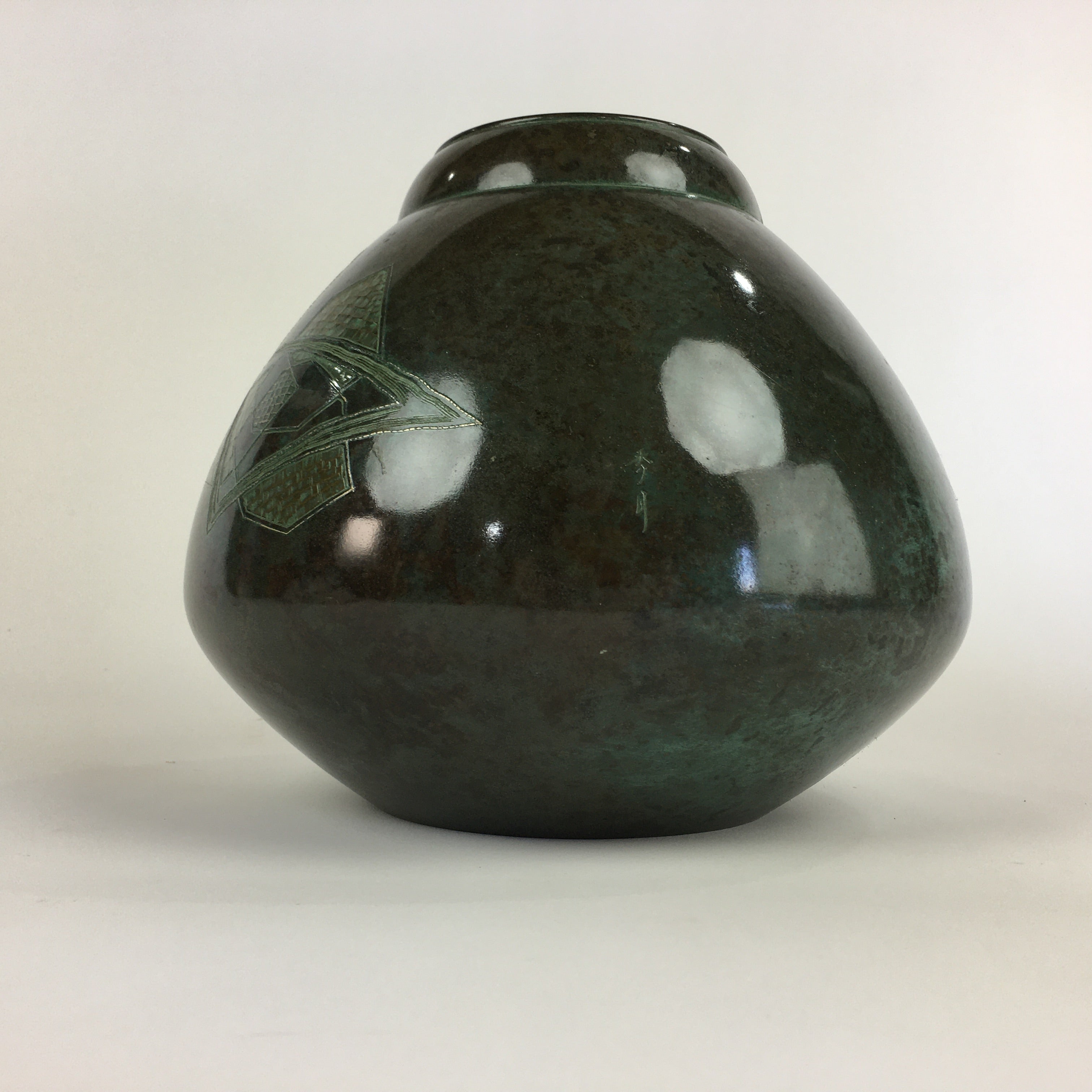 Japanese Copper Flower Vase Vtg Cast Metal Kabin Ikebana Green PX616