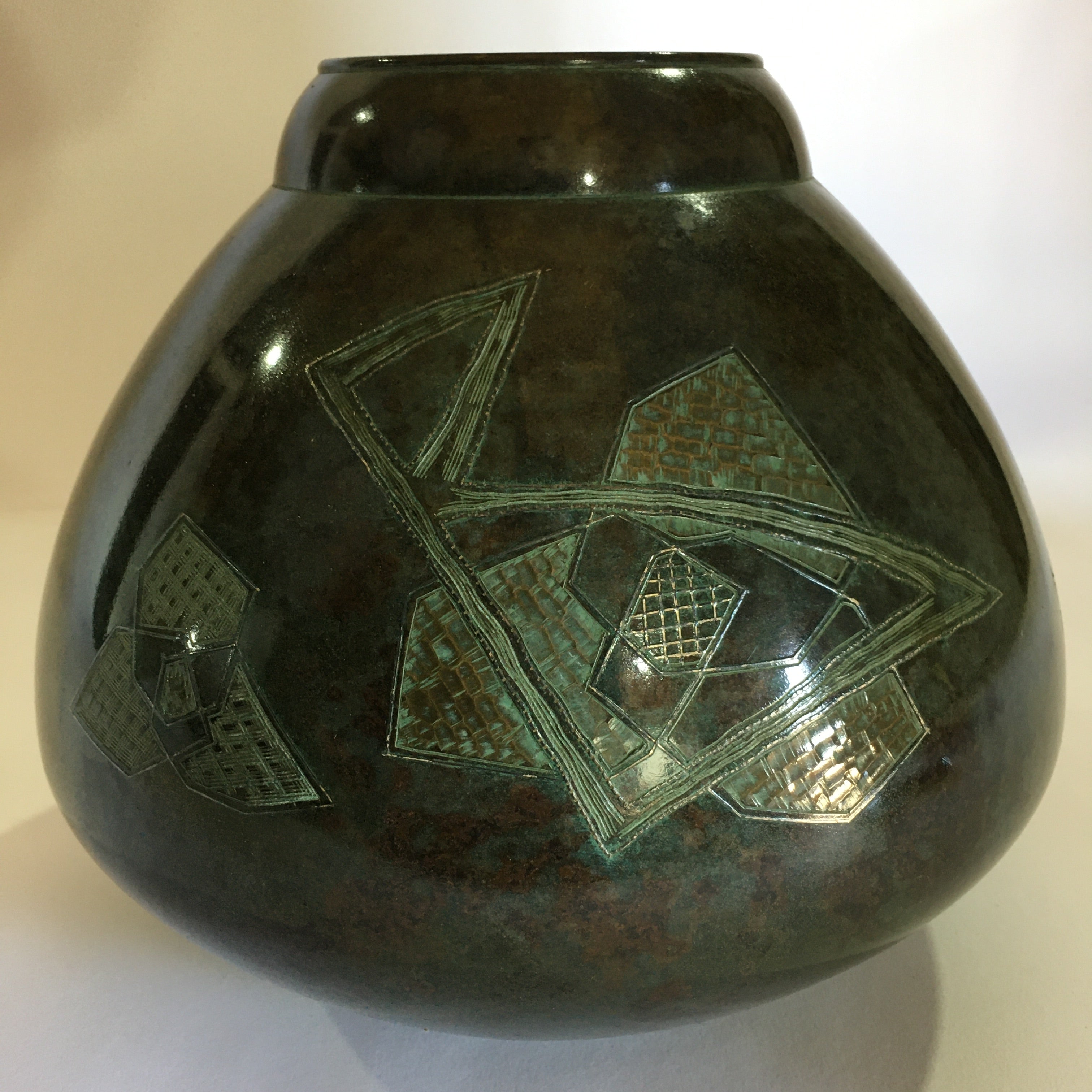 Japanese Copper Flower Vase Vtg Cast Metal Kabin Ikebana Green PX616
