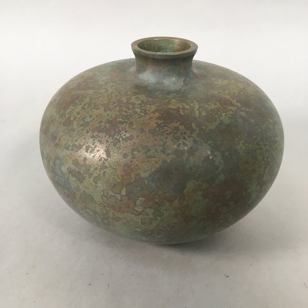 Japanese Copper Flower Vase Wooden Box Vtg Cast Metal Kabin Ikebana Green PX517