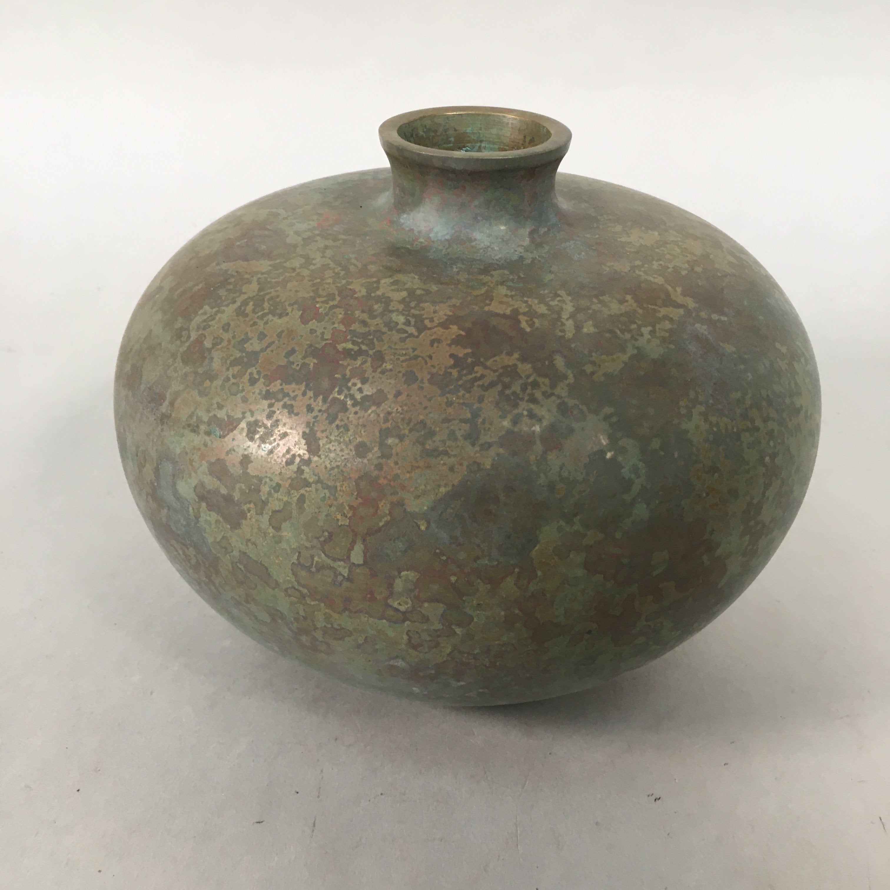 Japanese Copper Flower Vase Wooden Box Vtg Cast Metal Kabin Ikebana Green PX517