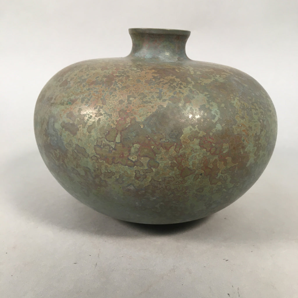 Japanese Copper Flower Vase Wooden Box Vtg Cast Metal Kabin Ikebana Green PX517