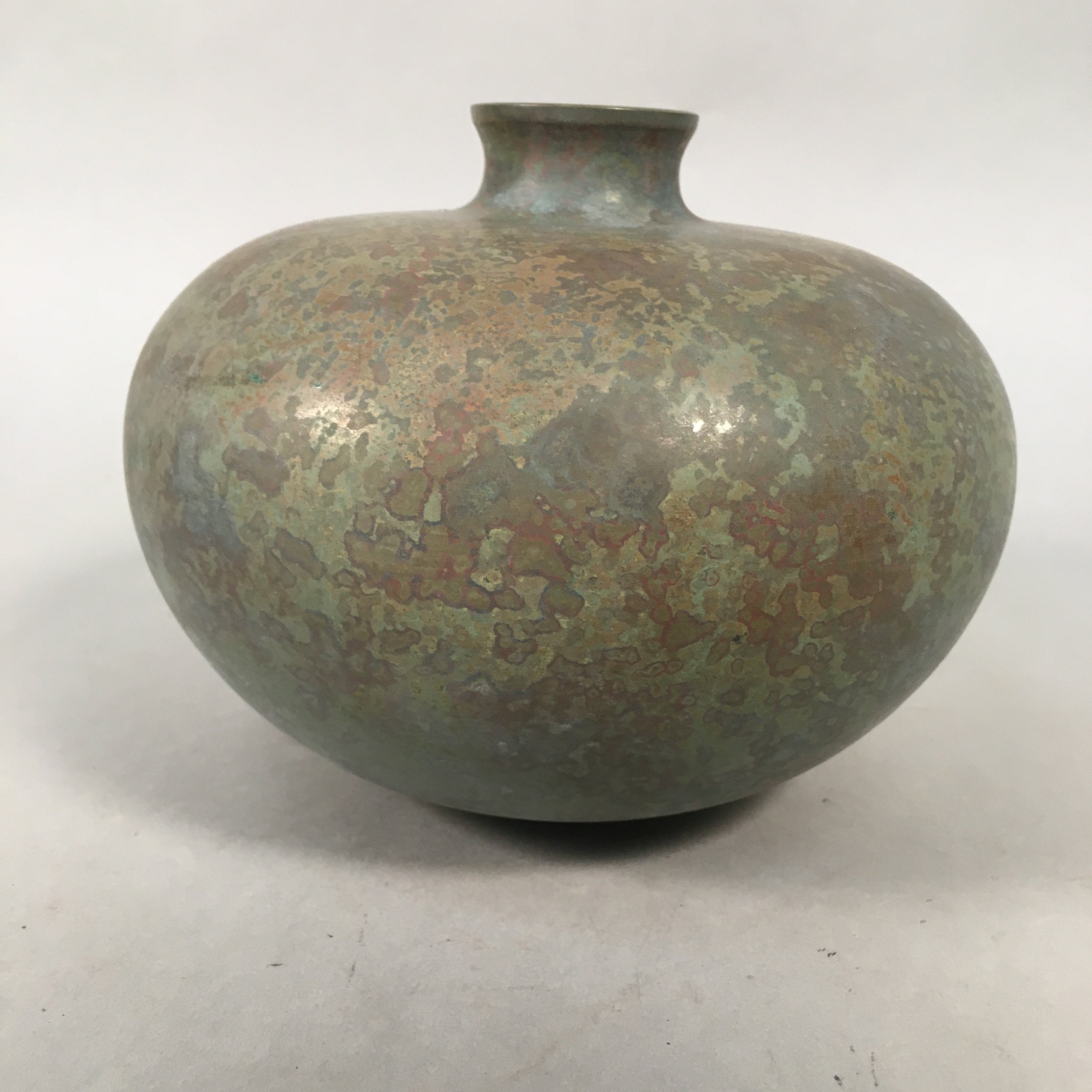 Japanese Copper Flower Vase Wooden Box Vtg Cast Metal Kabin Ikebana Green PX517