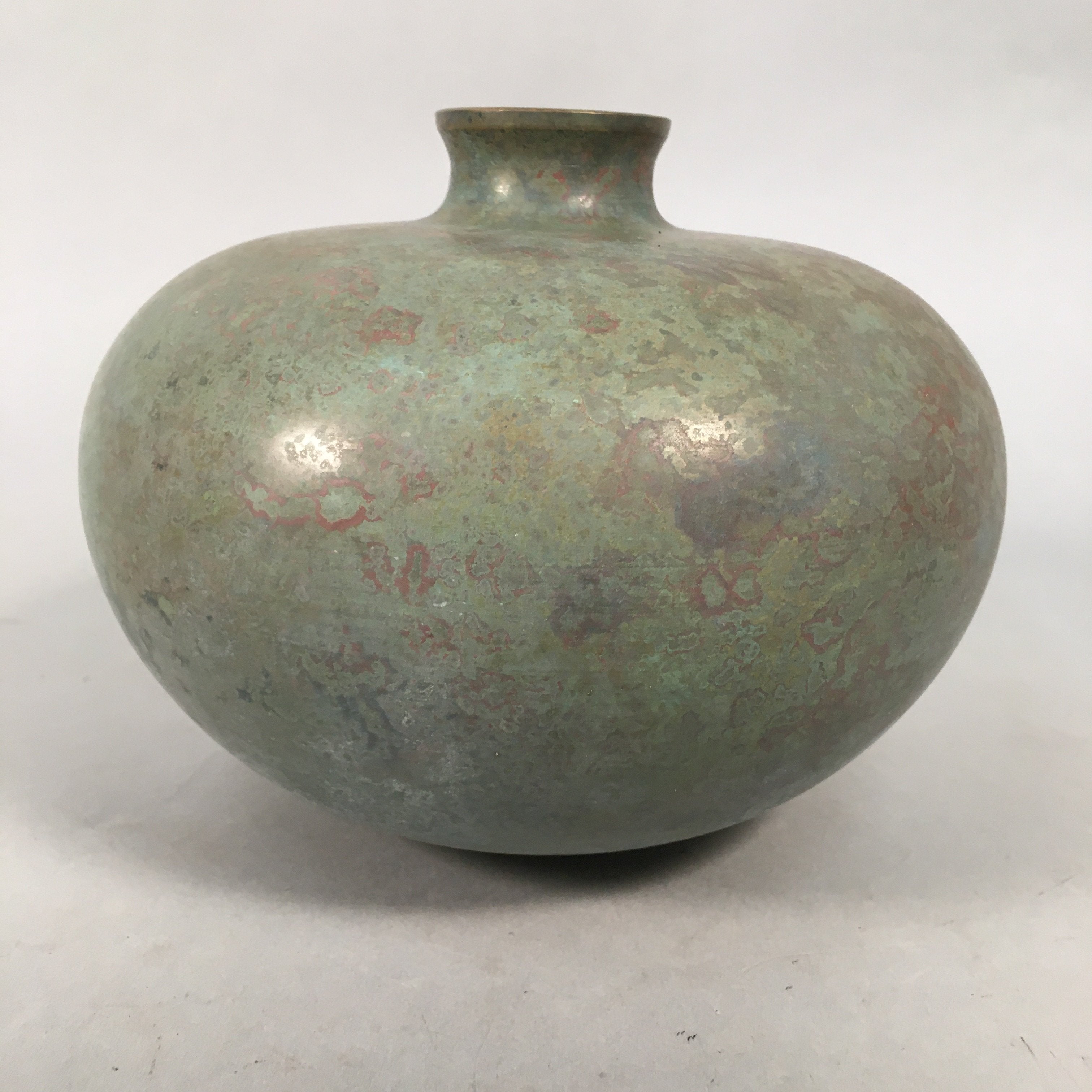 Japanese Copper Flower Vase Wooden Box Vtg Cast Metal Kabin Ikebana Green PX517