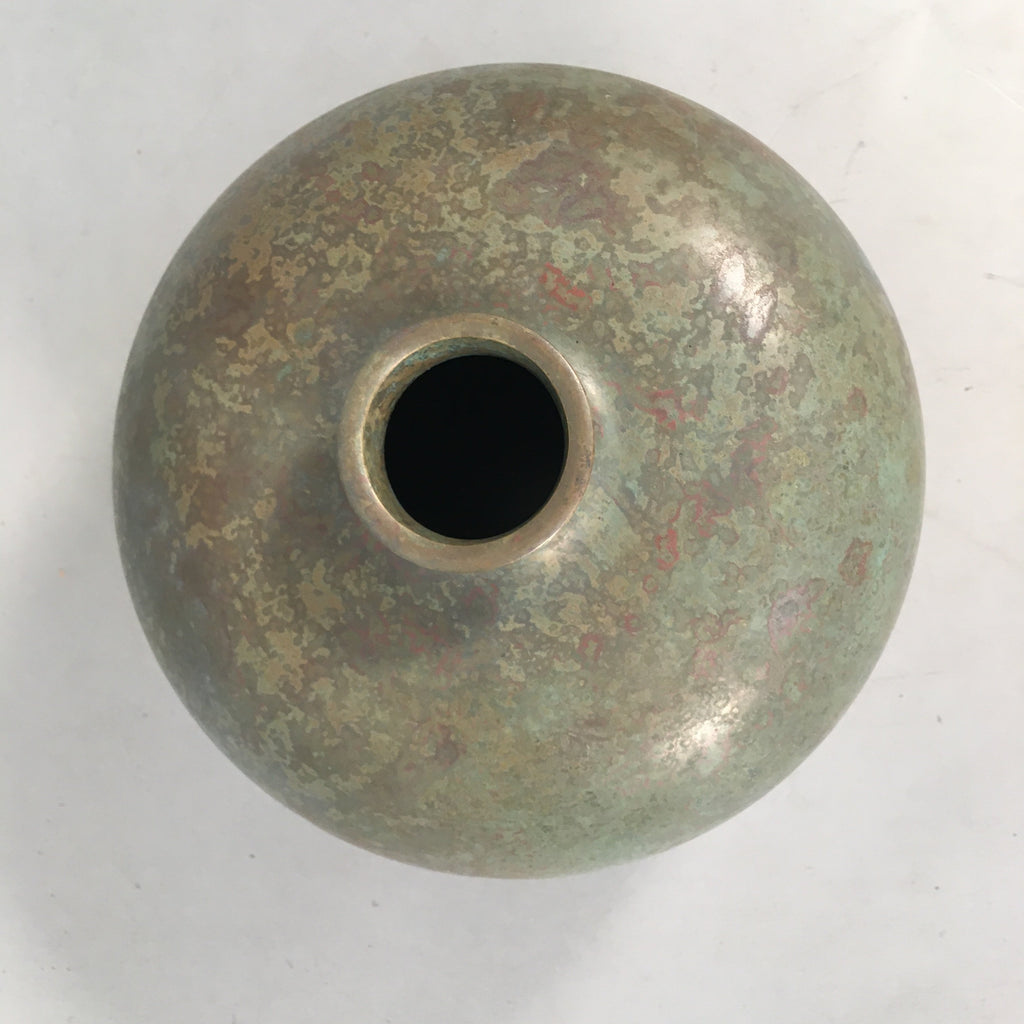 Japanese Copper Flower Vase Wooden Box Vtg Cast Metal Kabin Ikebana Green PX517