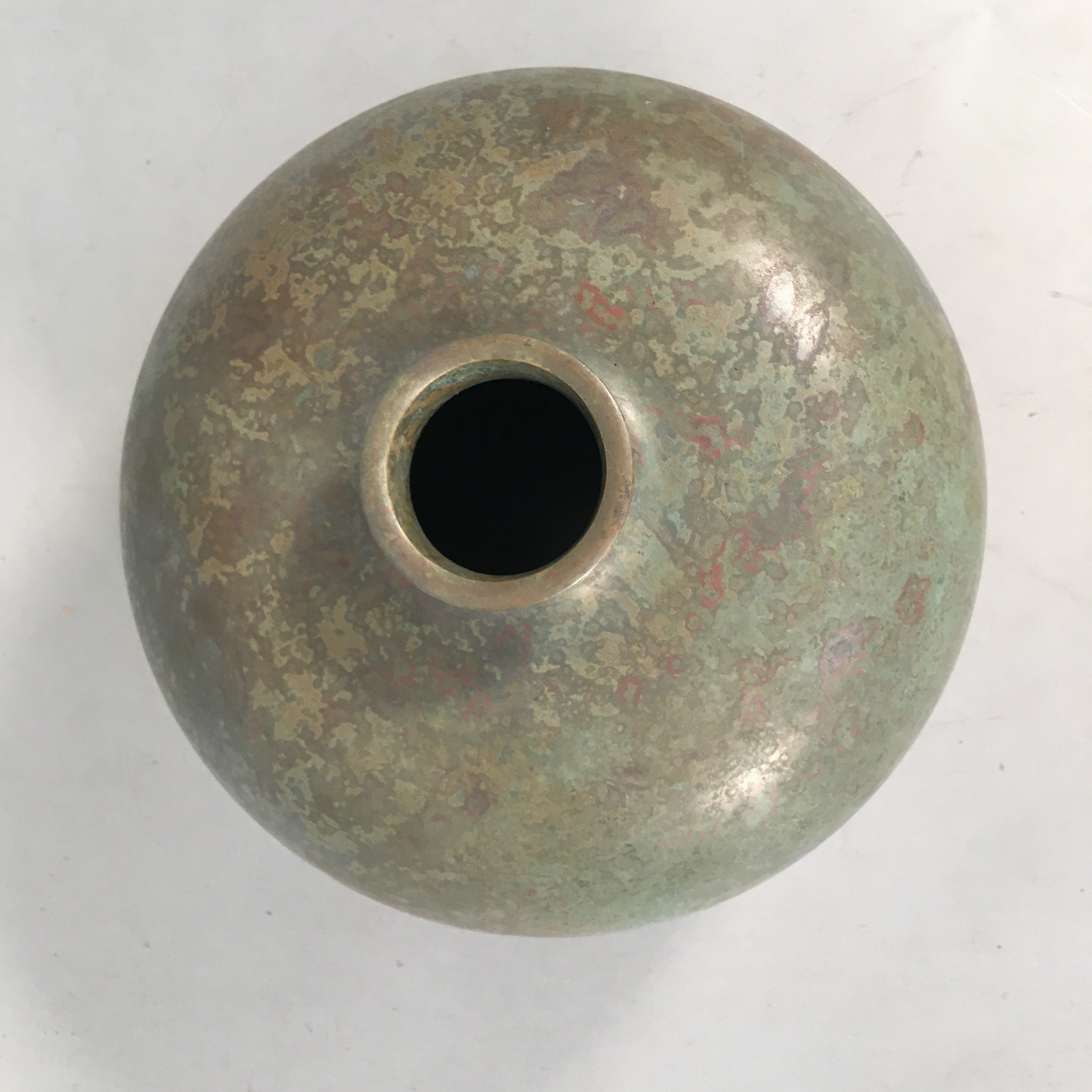 Japanese Copper Flower Vase Wooden Box Vtg Cast Metal Kabin Ikebana Green PX517