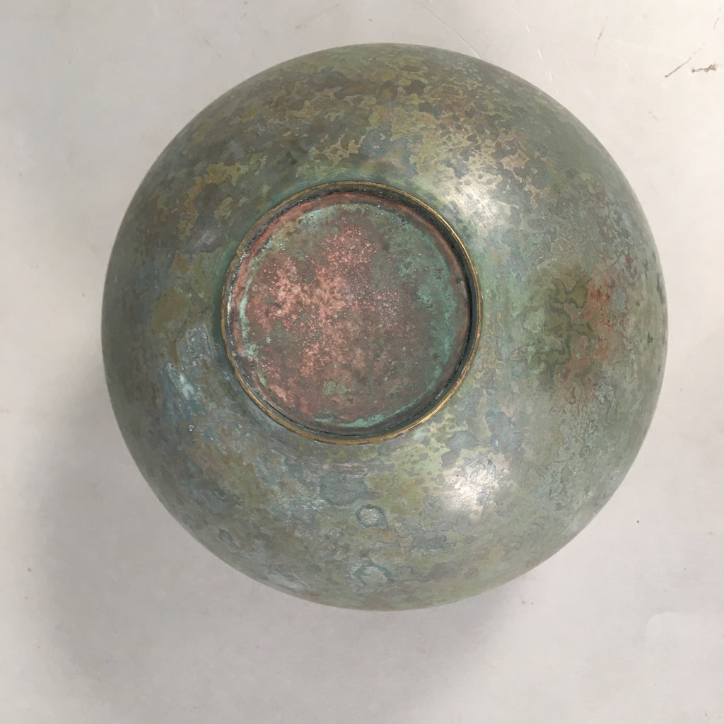 Japanese Copper Flower Vase Wooden Box Vtg Cast Metal Kabin Ikebana Green PX517