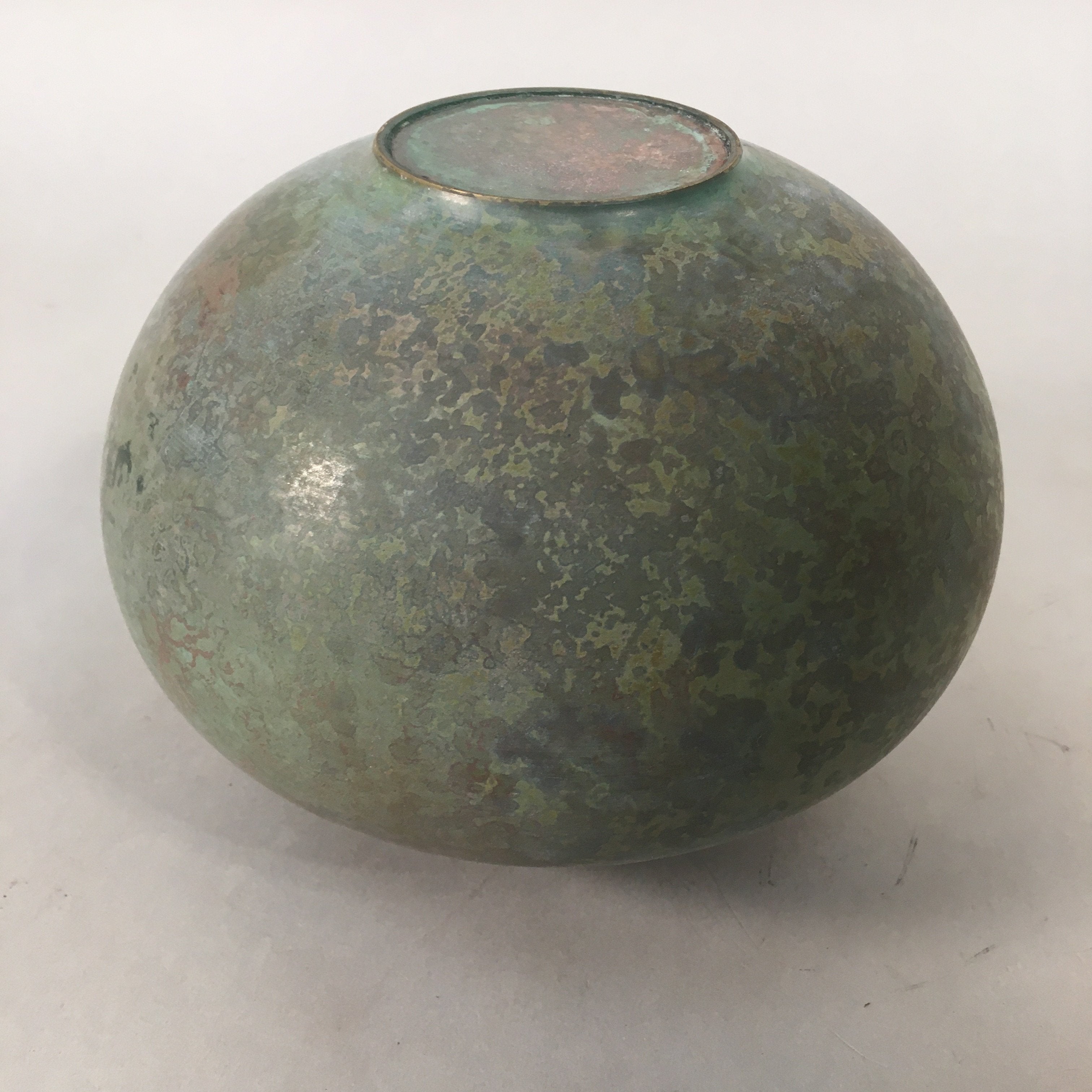 Japanese Copper Flower Vase Wooden Box Vtg Cast Metal Kabin Ikebana Green PX517