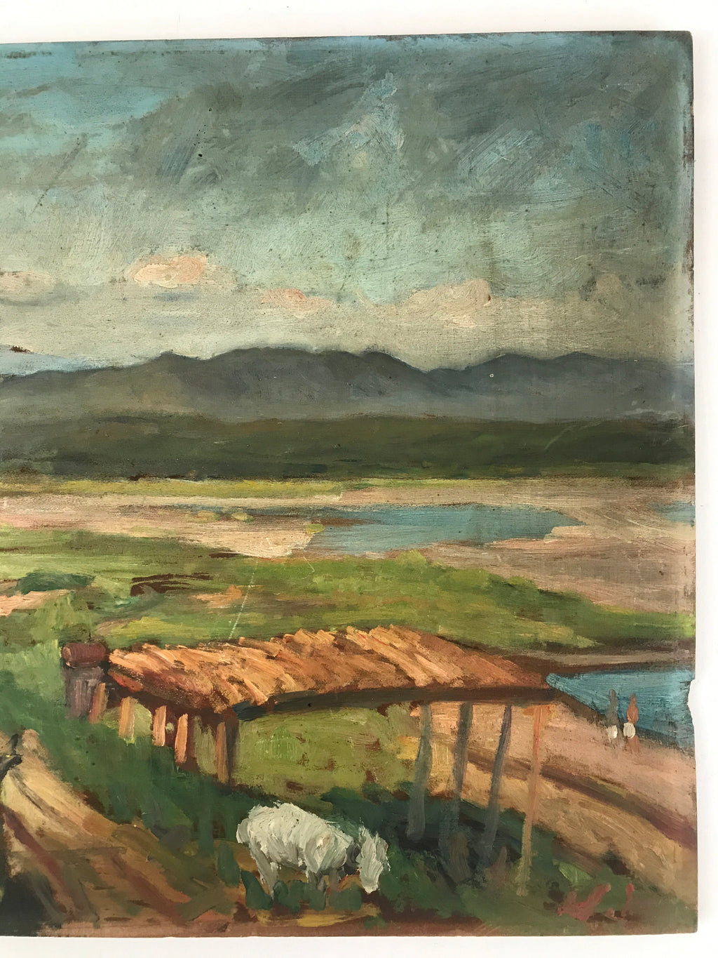 Japanese Countryside River Valley Oil Painting Landscape Original Unsigned FL182