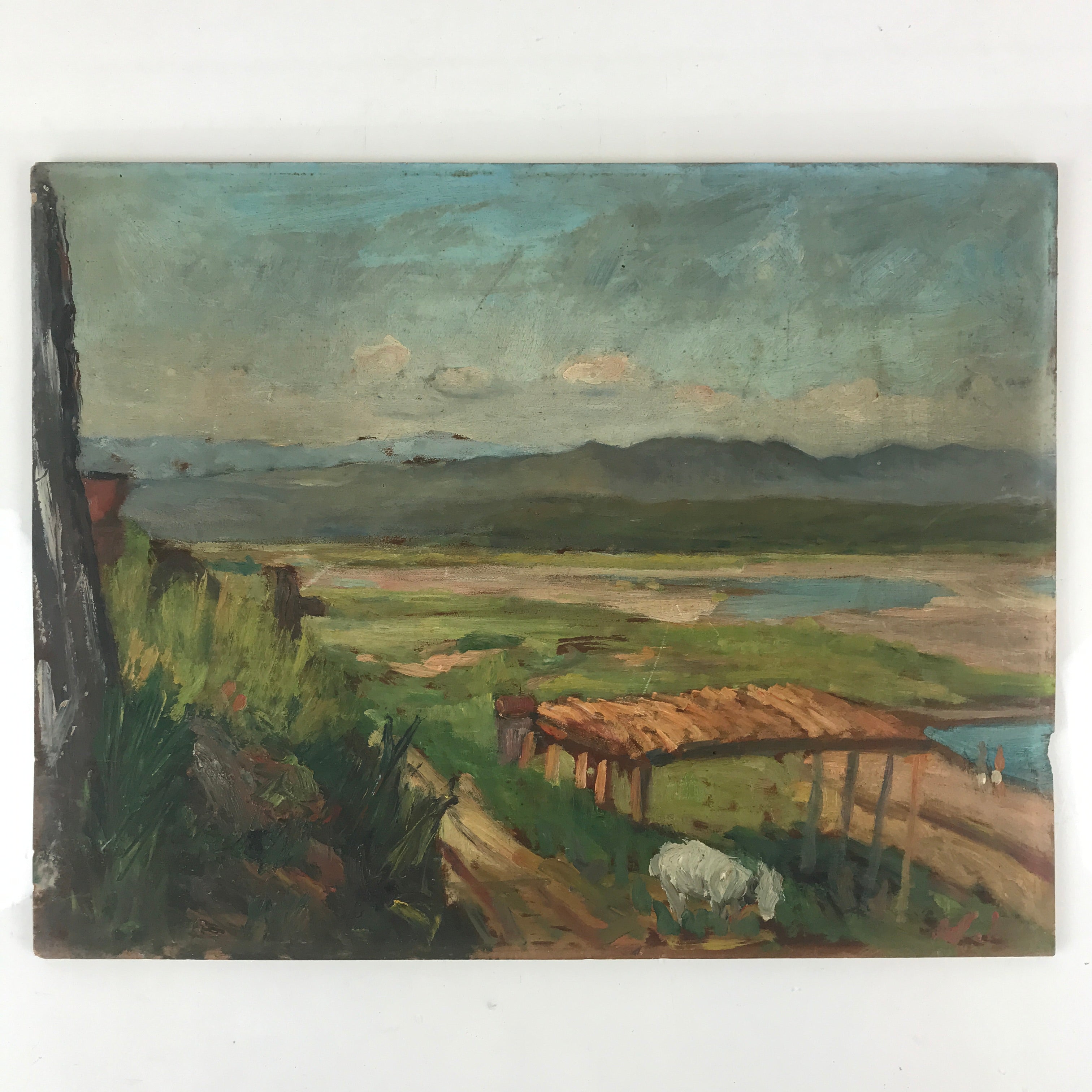 Japanese Countryside River Valley Oil Painting Landscape Original Unsigned FL182