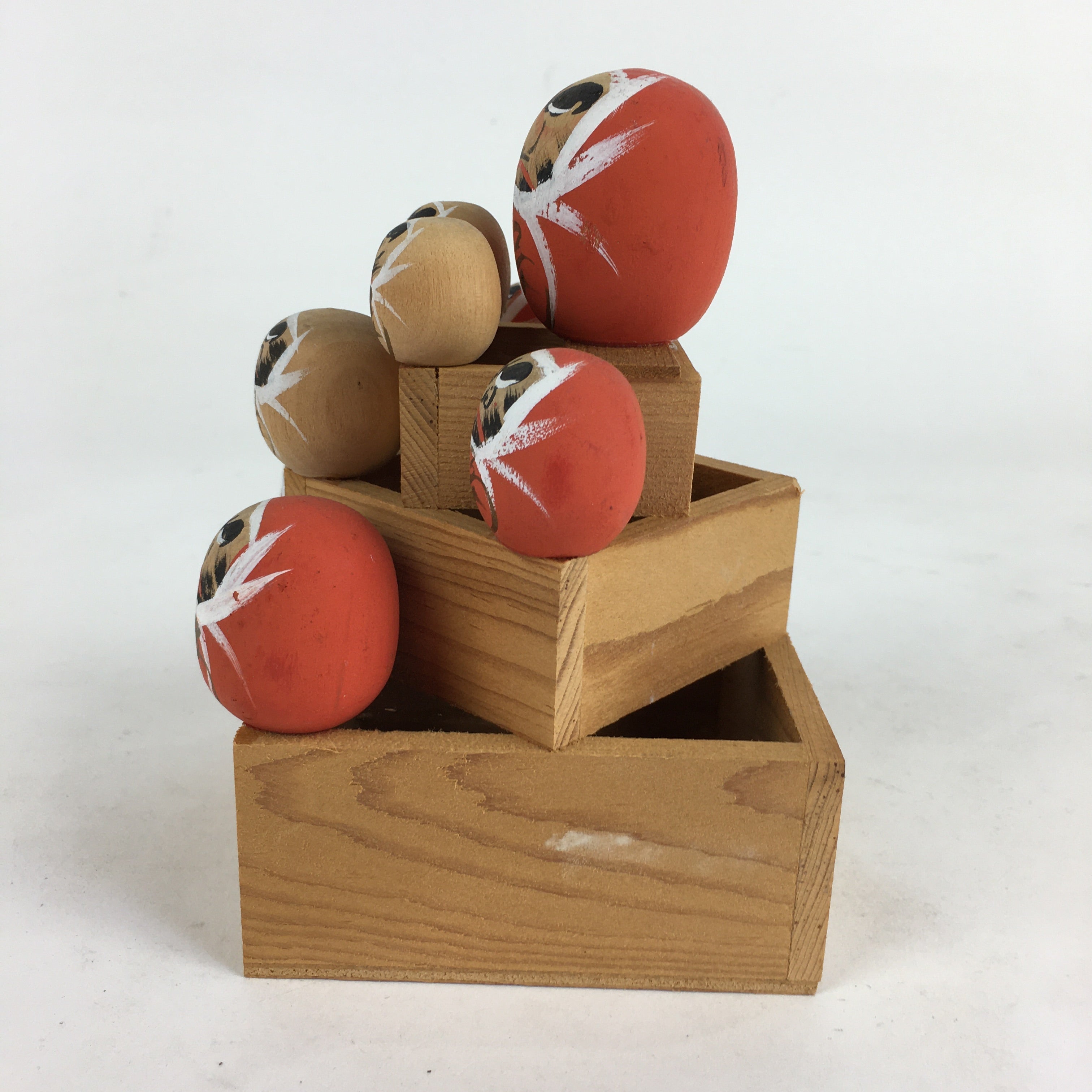 Japanese Daruma Figurine Kokeshi Doll Wood Sake Cup Masu Ornament Okimono BD783