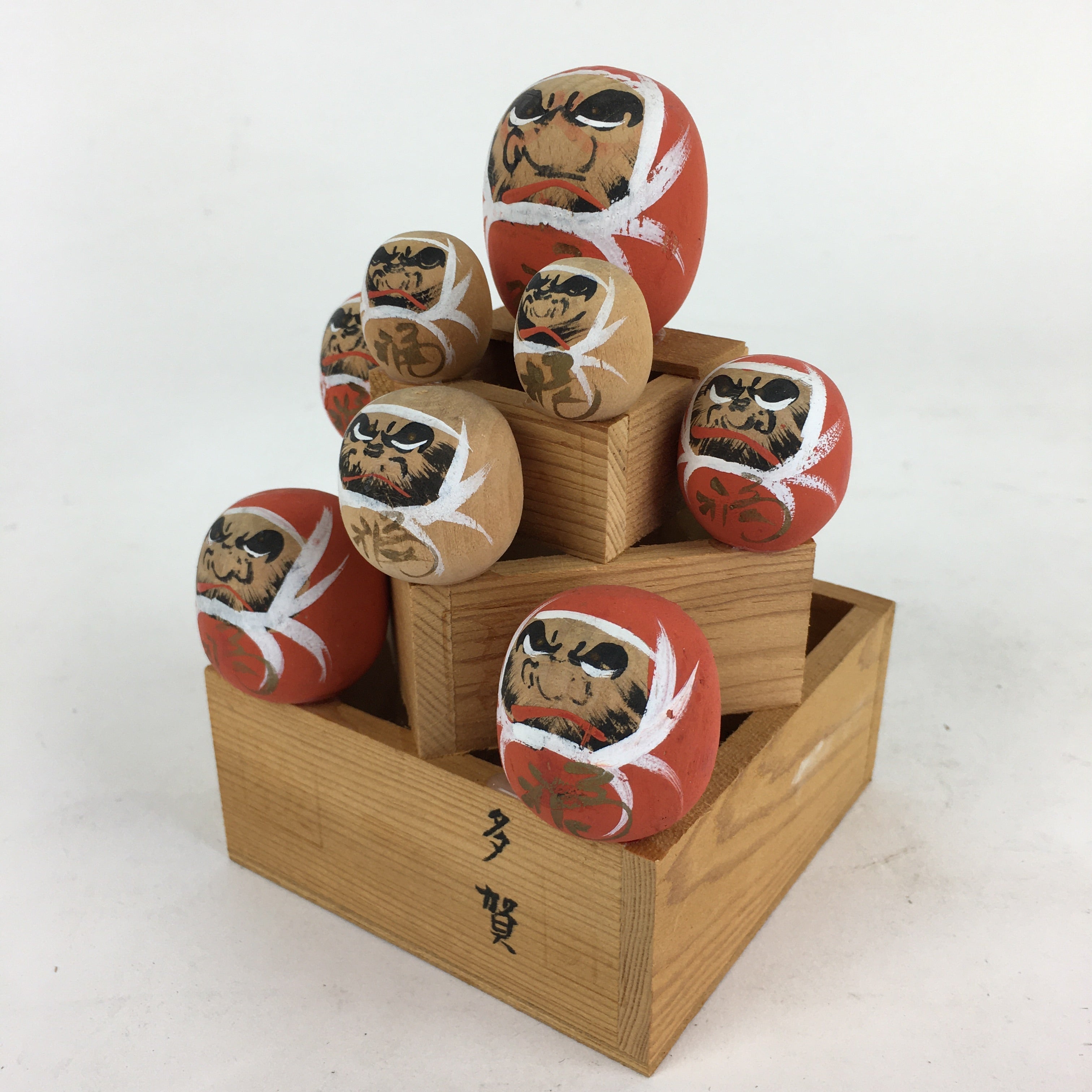 Japanese Daruma Figurine Kokeshi Doll Wood Sake Cup Masu Ornament Okimono BD783