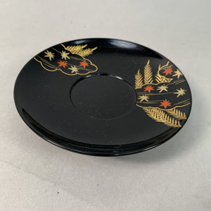 Japanese Drink Saucer Vtg Chataku Coaster Wood Lacquerware Black Leaf QT92