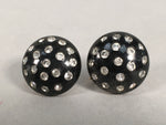 Japanese Earrings Vtg Black Round Dotted Glittering Stone Glass JK75