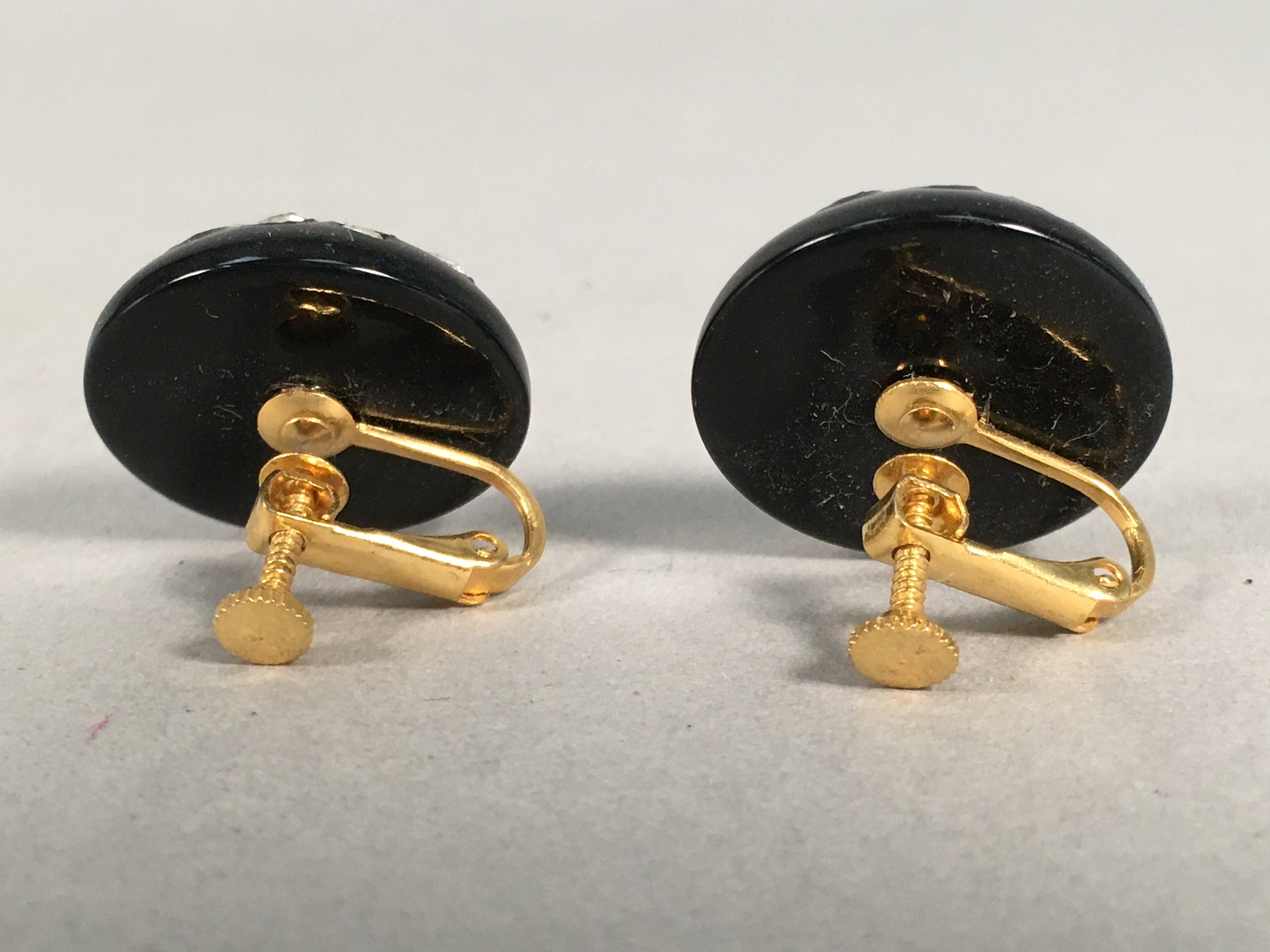 Japanese Earrings Vtg Black Round Dotted Glittering Stone Glass JK75