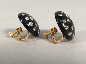 Japanese Earrings Vtg Black Round Dotted Glittering Stone Glass JK75