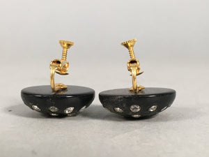 Japanese Earrings Vtg Black Round Dotted Glittering Stone Glass JK75