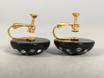 Japanese Earrings Vtg Black Round Dotted Glittering Stone Glass JK75