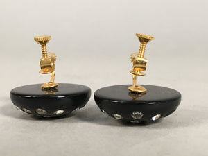 Japanese Earrings Vtg Black Round Dotted Glittering Stone Glass JK75