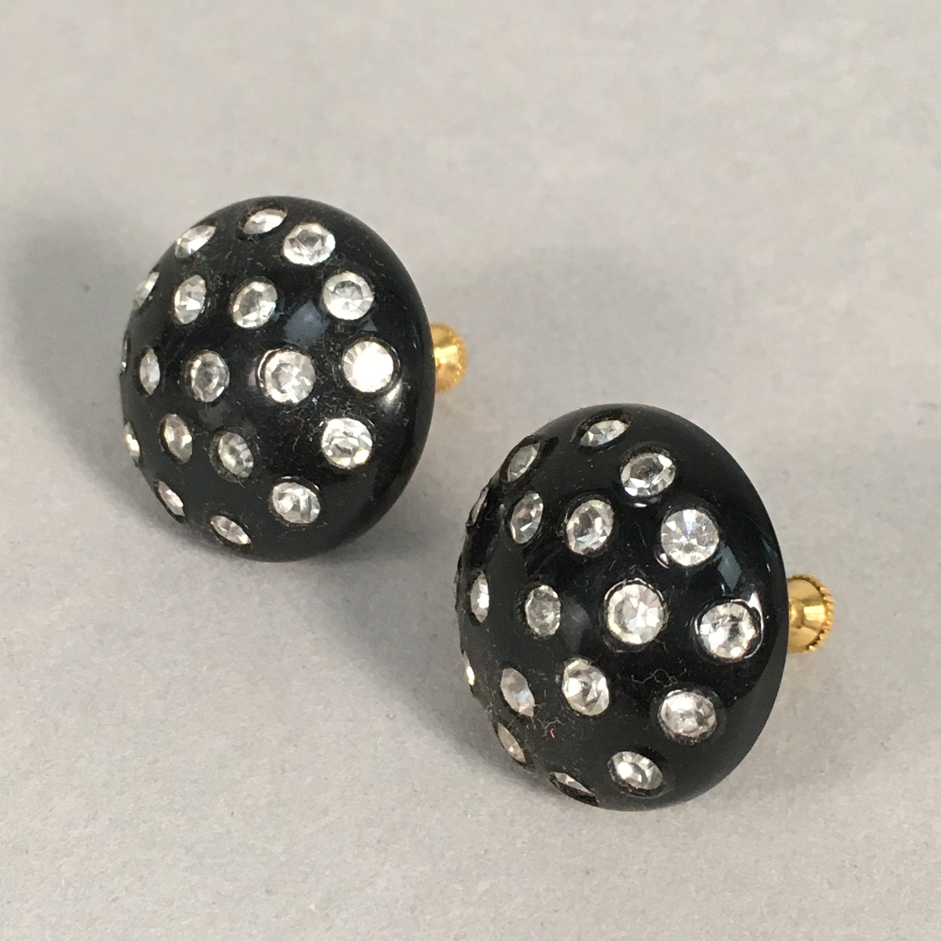 Japanese Earrings Vtg Black Round Dotted Glittering Stone Glass JK75