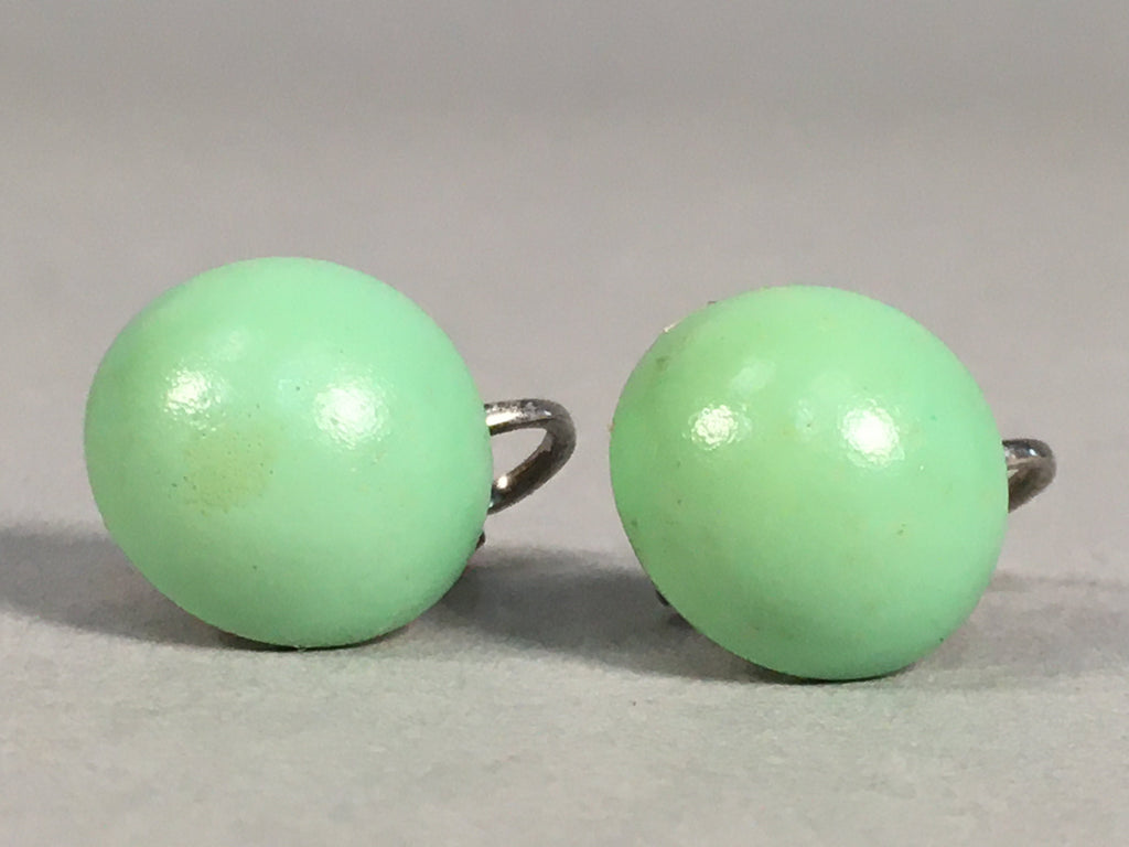 Japanese Earrings Vtg Green Round Pair Clip Metal JK99
