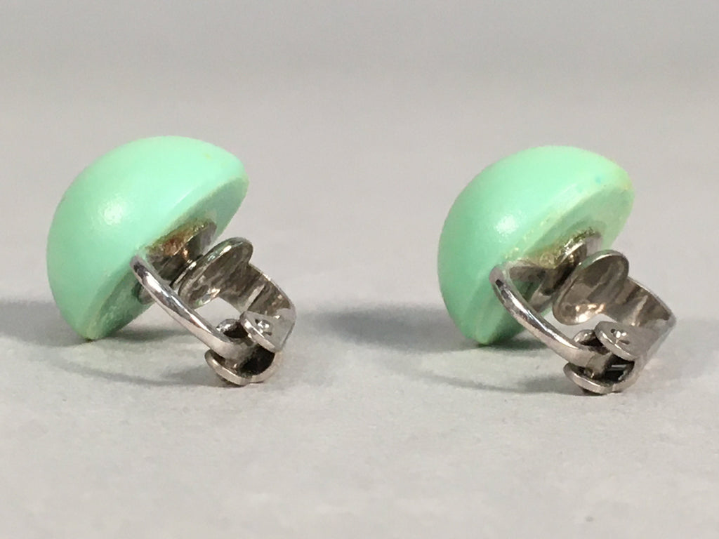 Japanese Earrings Vtg Green Round Pair Clip Metal JK99