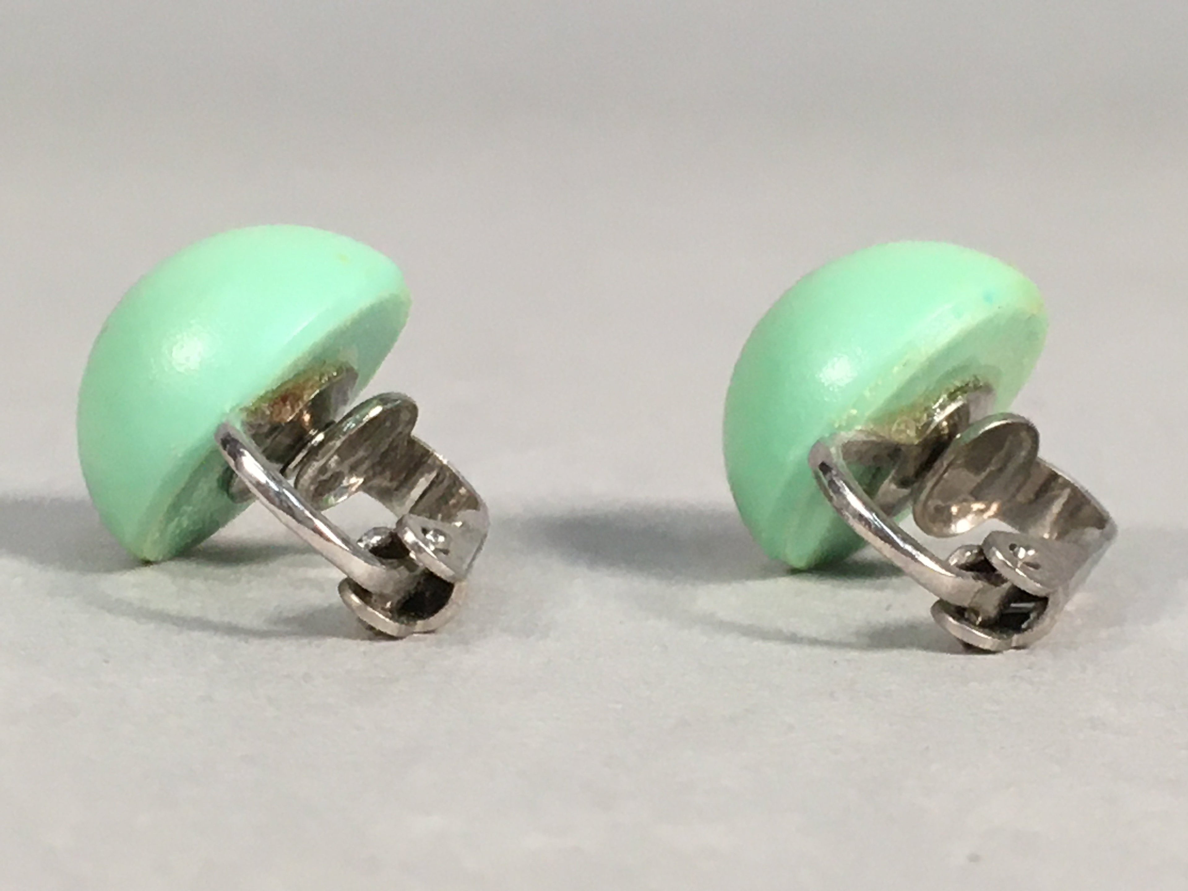 Japanese Earrings Vtg Green Round Pair Clip Metal JK99