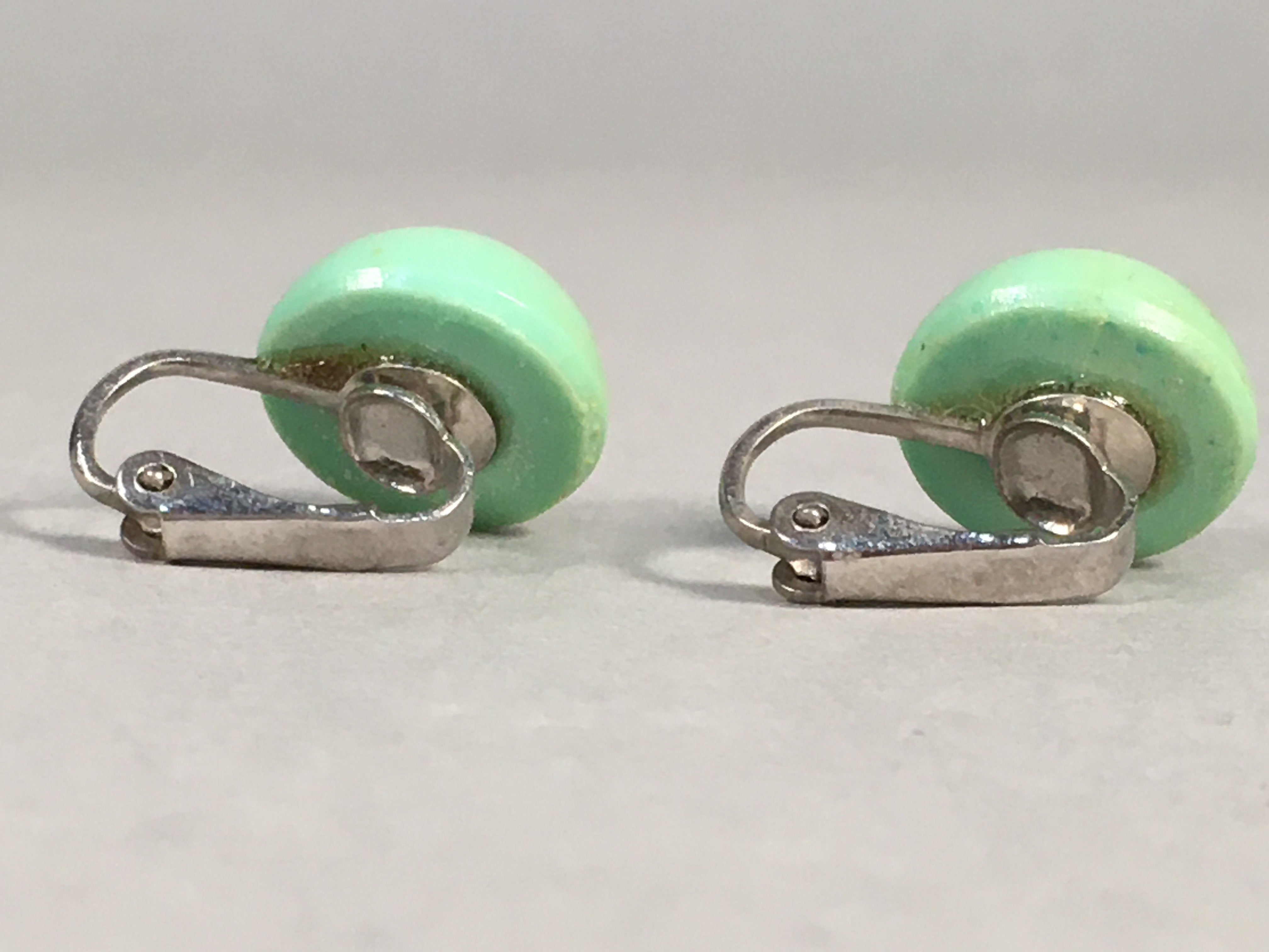 Japanese Earrings Vtg Green Round Pair Clip Metal JK99