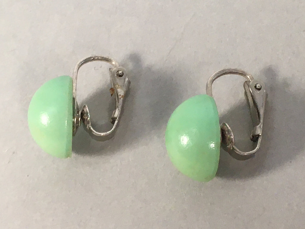 Japanese Earrings Vtg Green Round Pair Clip Metal JK99