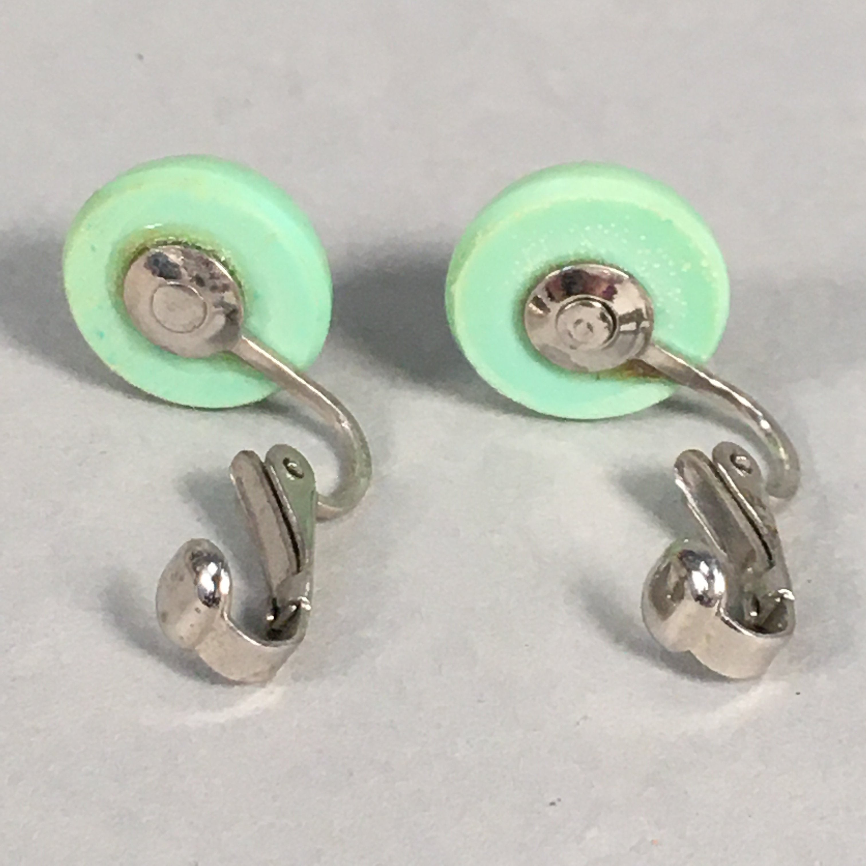 Japanese Earrings Vtg Green Round Pair Clip Metal JK99