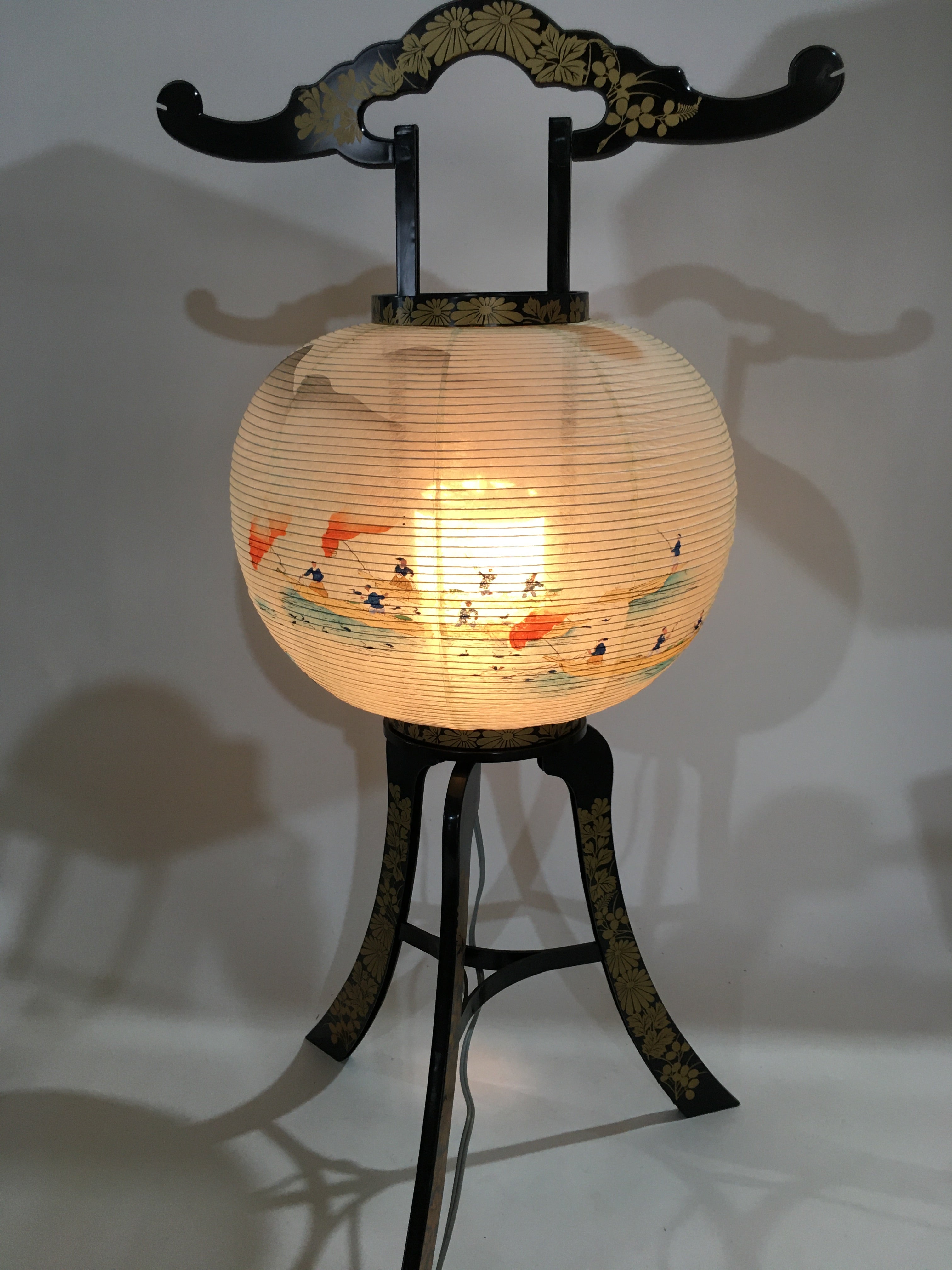Japanese Electric Paper Lantern Vtg Standing Chochin Obon Festival Fishing LT48