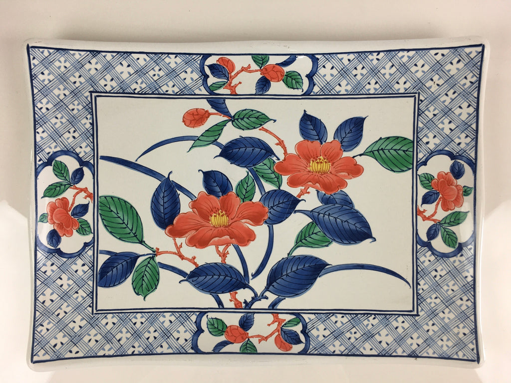 Japanese Enamelware Large Rectangle Plate Vtg Camellia White Horo PY134