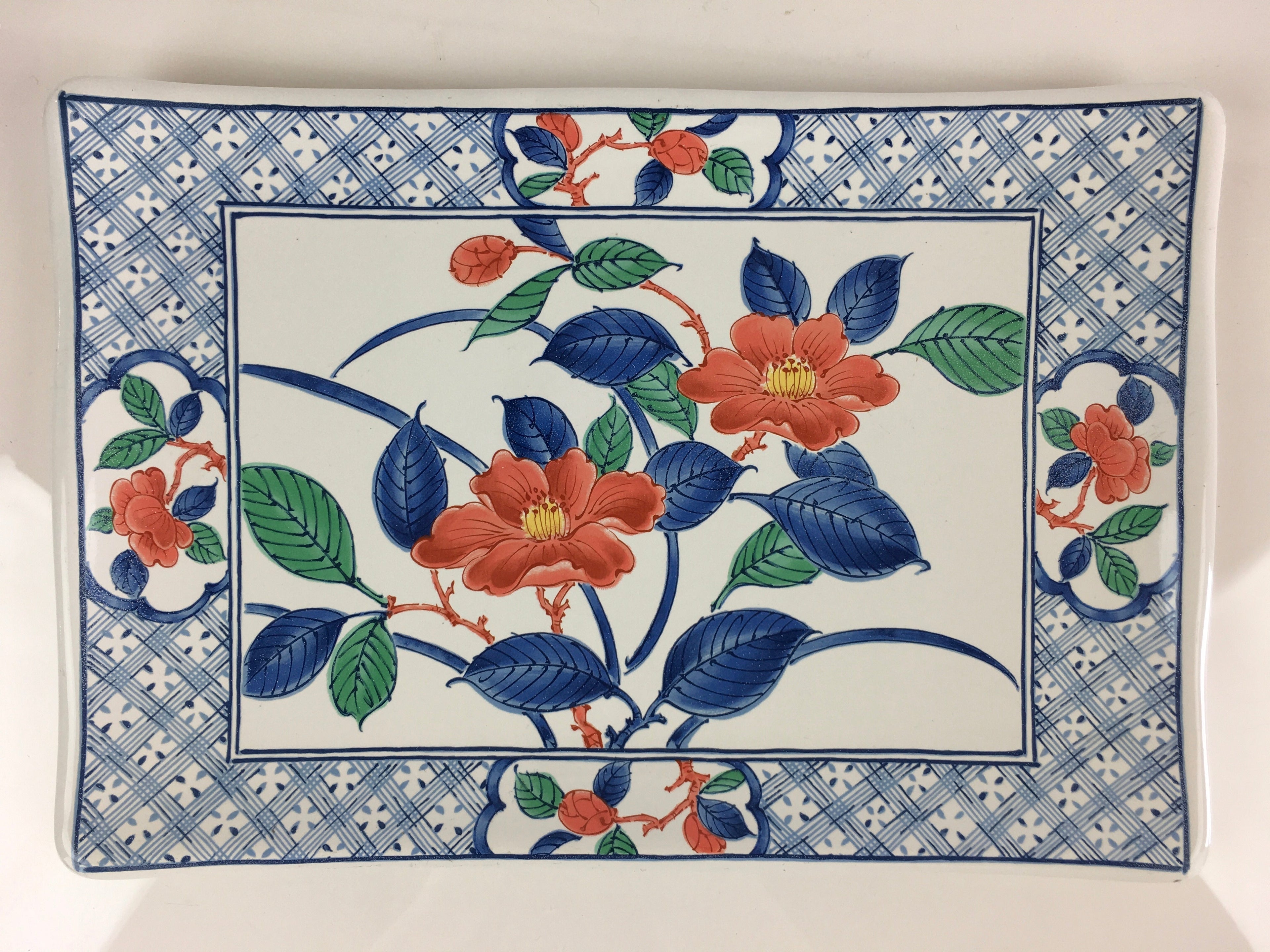 Japanese Enamelware Large Rectangle Plate Vtg Camellia White Horo PY135