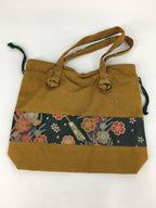 Japanese Fabric Bag Vtg Handle Yellow Flowers Kimono Kinchaku KB54