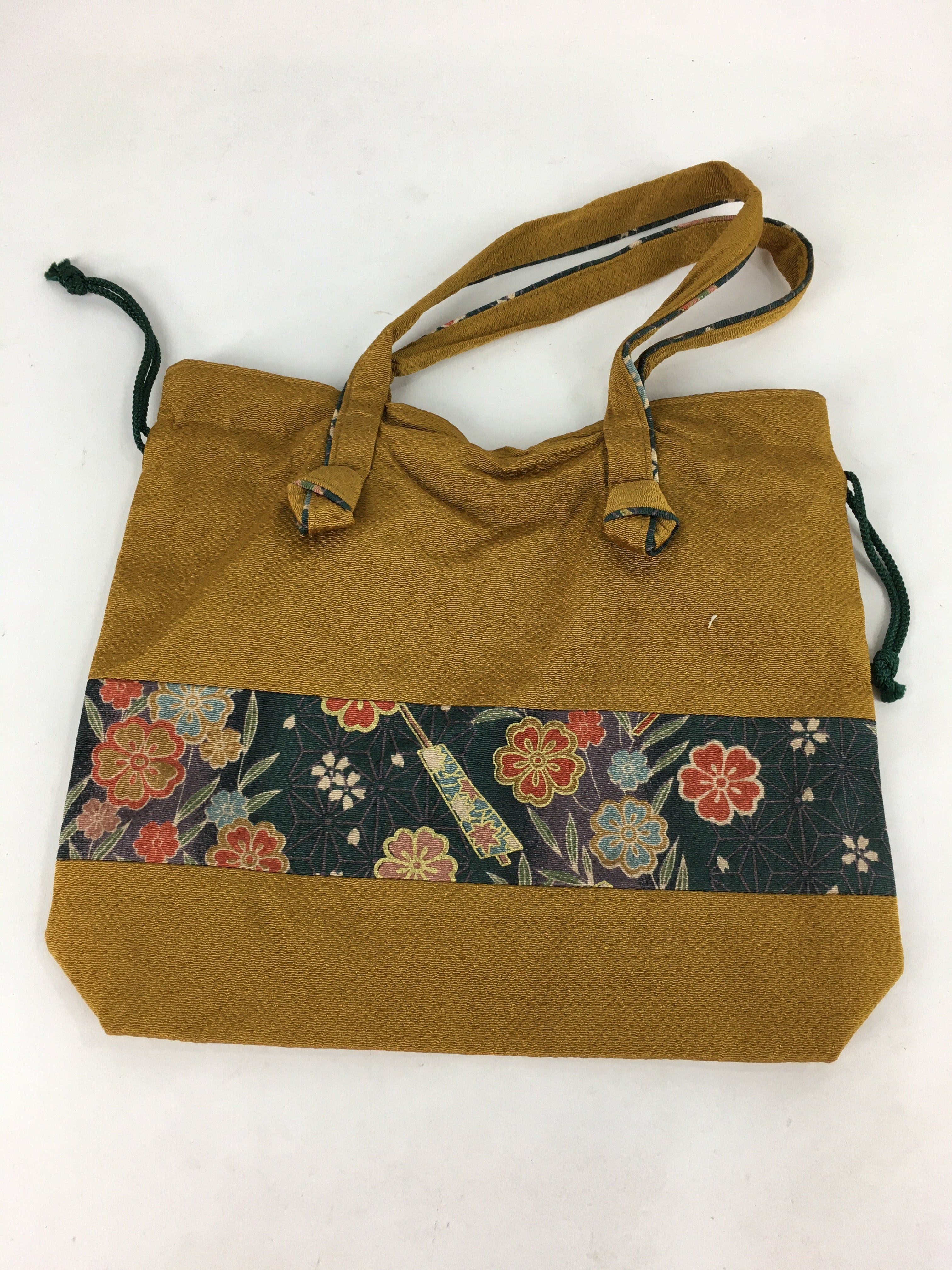 Japanese Fabric Bag Vtg Handle Yellow Flowers Kimono Kinchaku KB54
