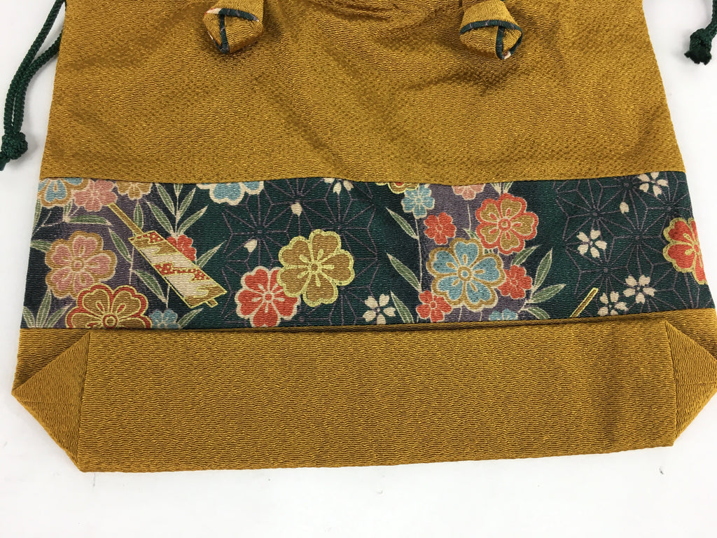 Japanese Fabric Bag Vtg Handle Yellow Flowers Kimono Kinchaku KB54