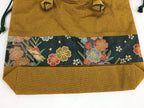 Japanese Fabric Bag Vtg Handle Yellow Flowers Kimono Kinchaku KB54