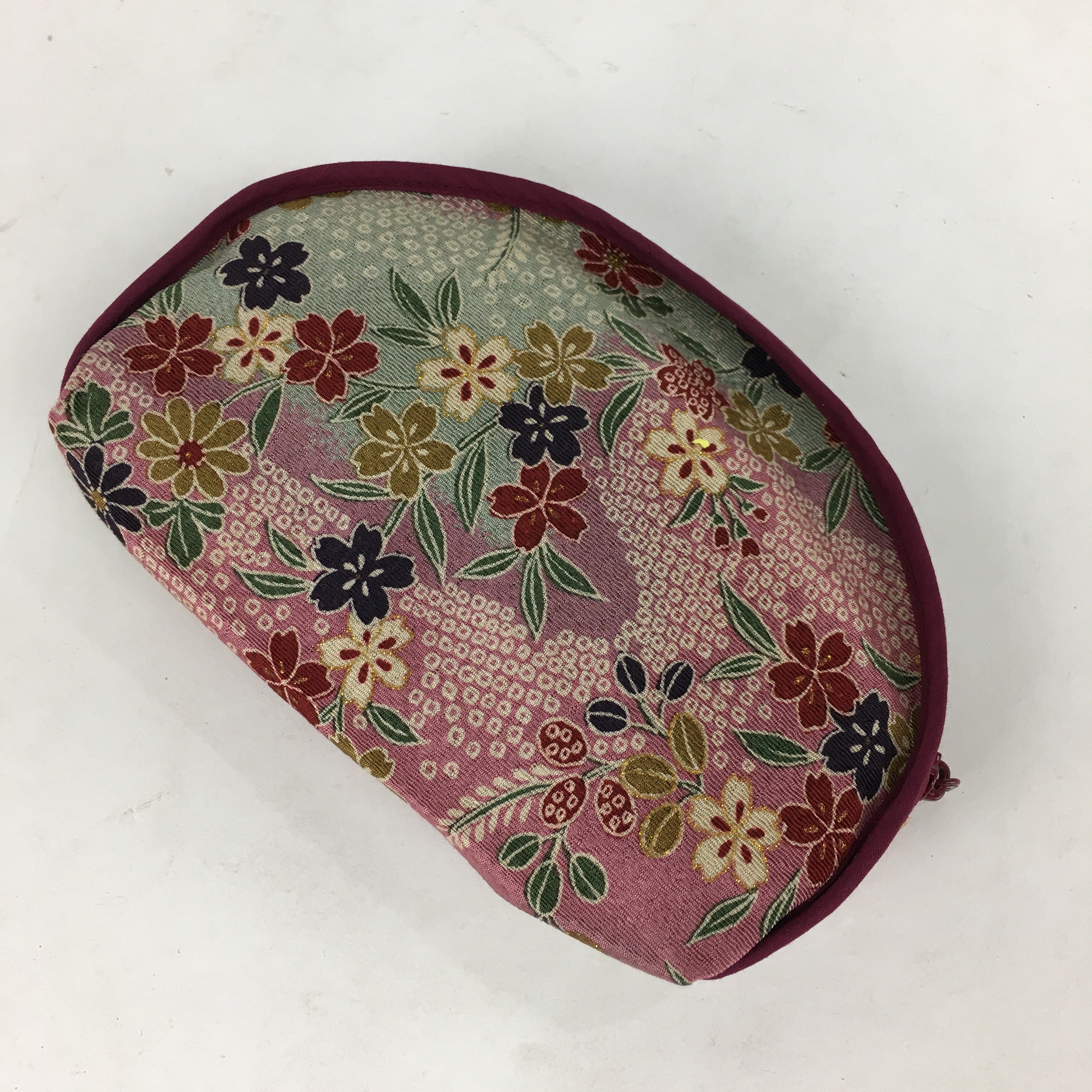 Japanese Fabric Pouch Vtg Pink Small Flowers Zipper Kimono Fukuro KB43