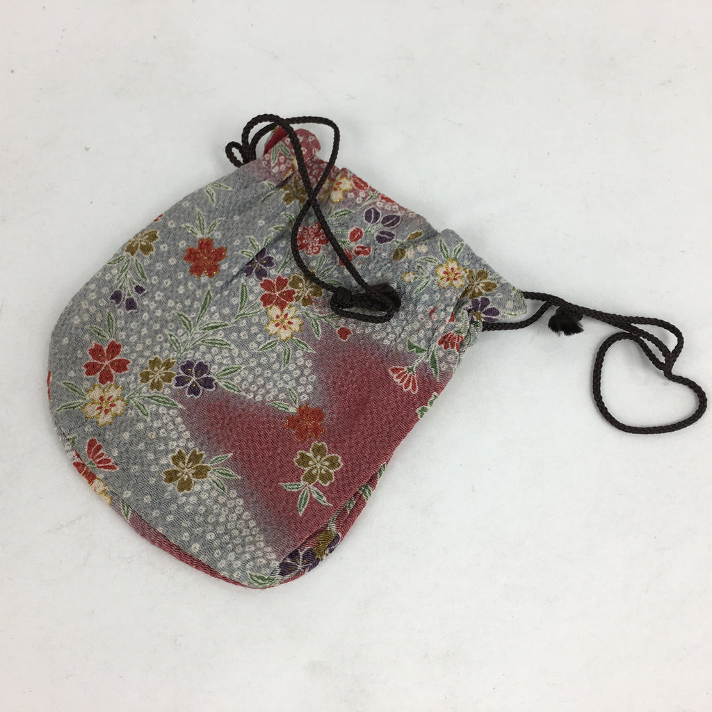 Japanese Fabric Pouch Vtg Purple Small Flowers Kimono Kinchaku KB50