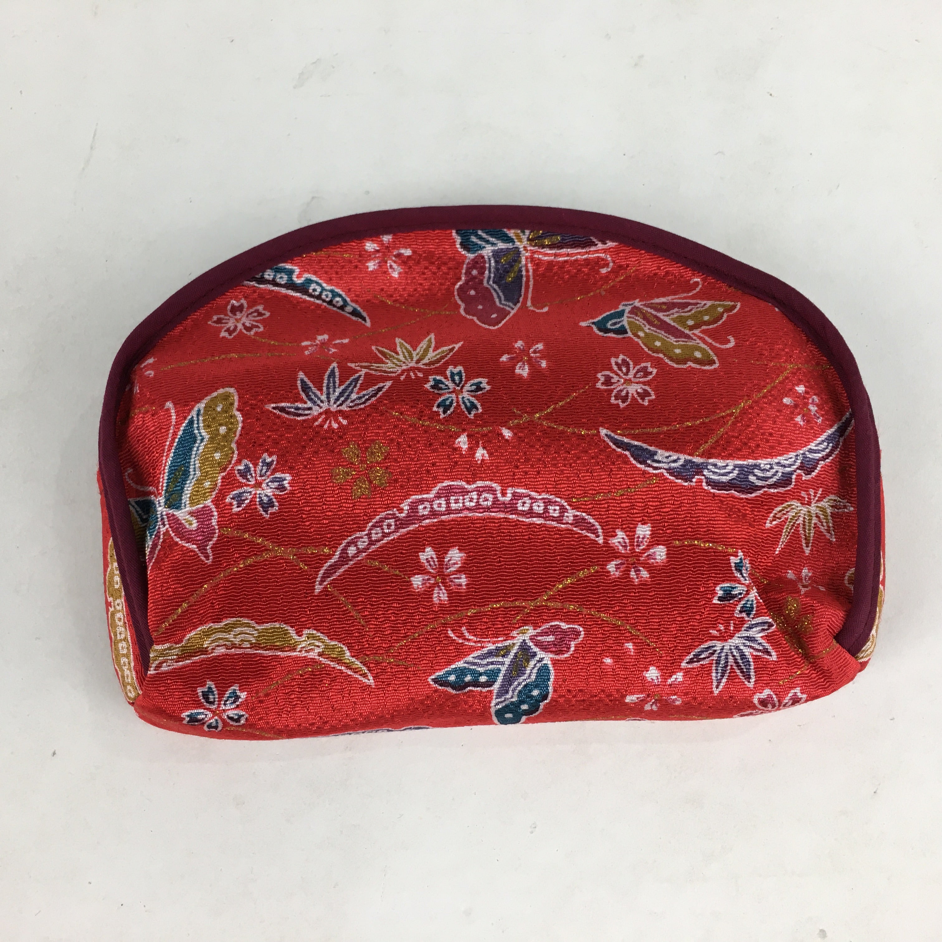 Japanese Fabric Pouch Vtg Red Flower Butterfly Zipper Kimono Fukuro KB42