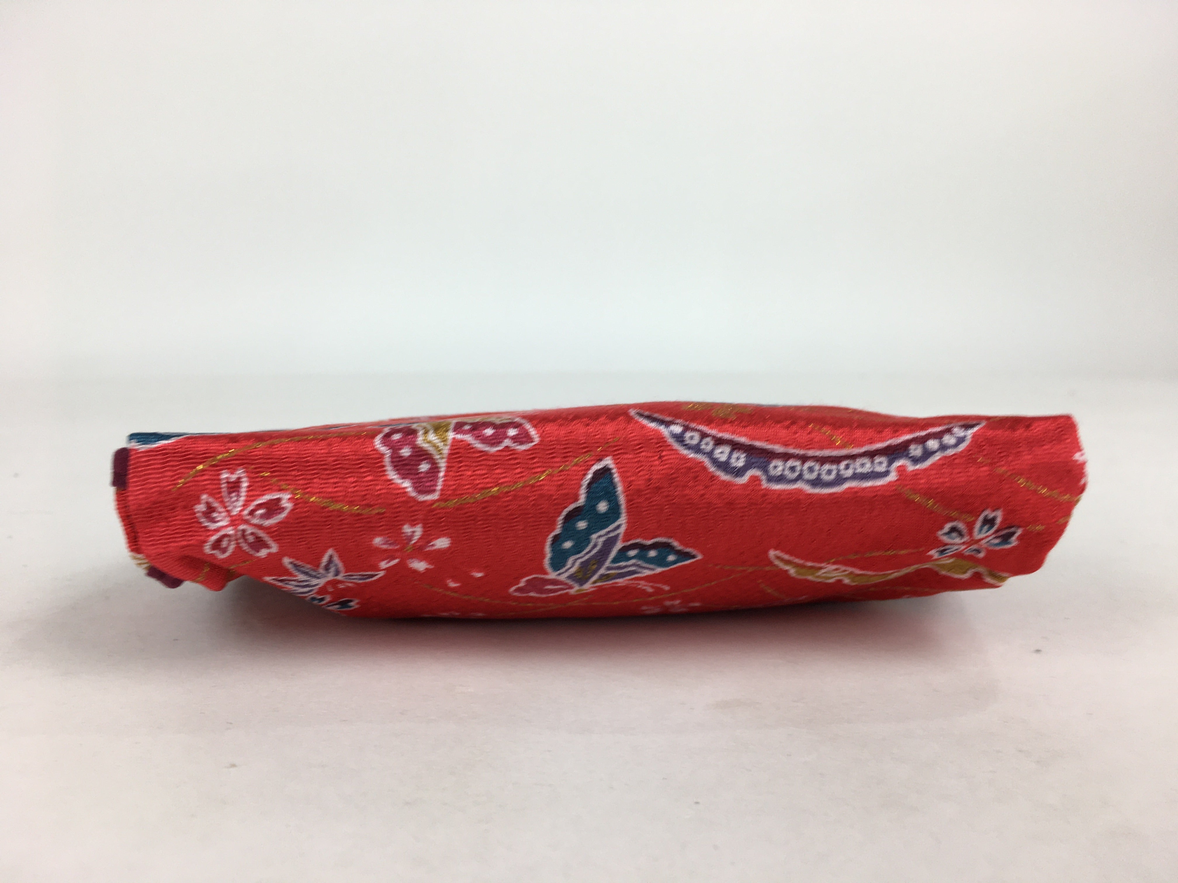 Japanese Fabric Pouch Vtg Red Flower Butterfly Zipper Kimono Fukuro KB42